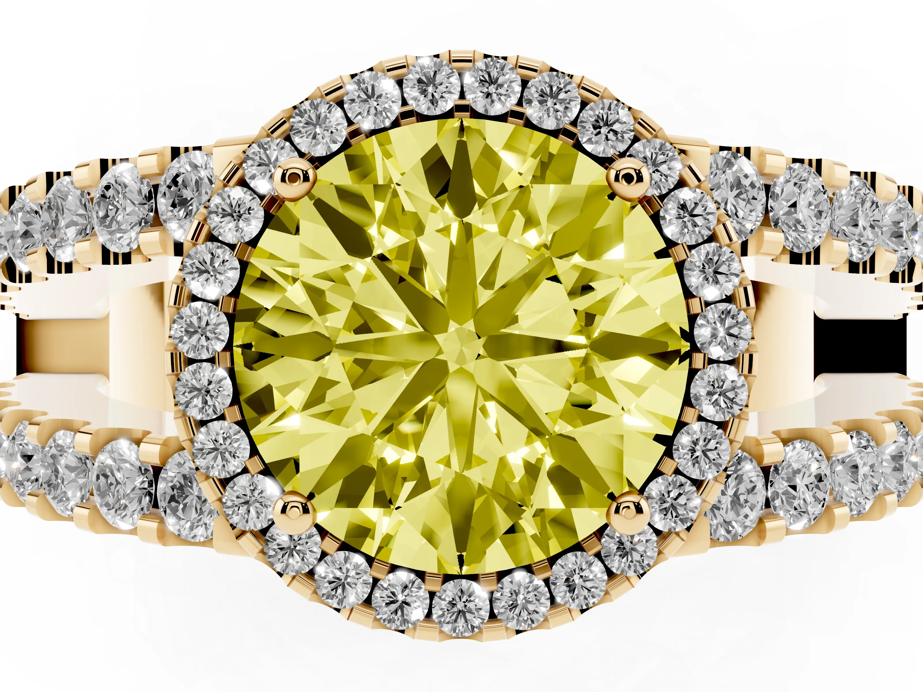 Fancy Yellow Round Cut Diamond Halo Ring Set in Yellow gold with Pavé Split Shank and Prong Setting