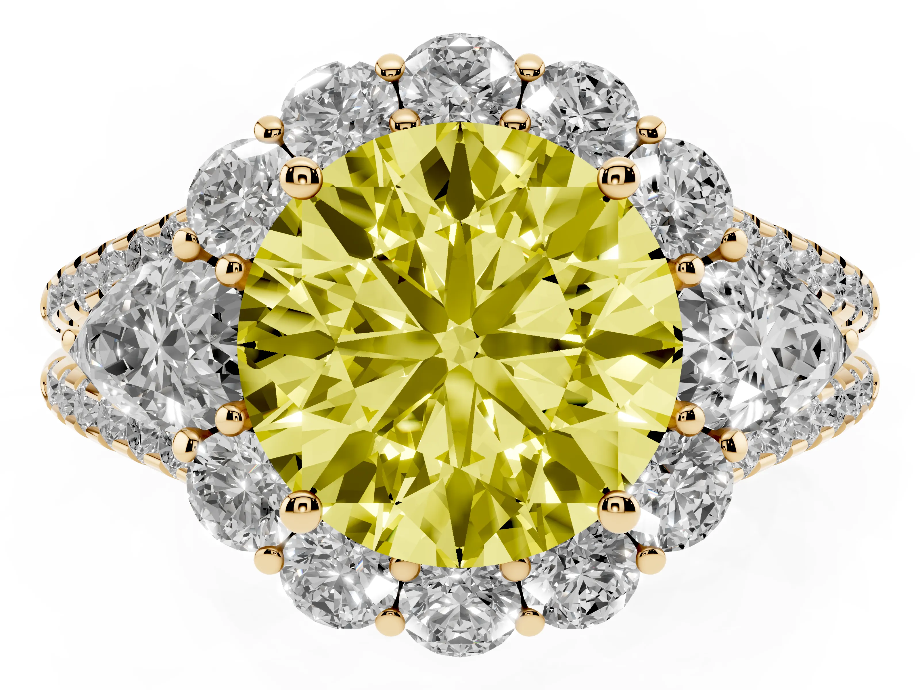 Fancy Yellow Round Cut Diamond Halo Split Shank Engagement Ring Set in Yellow gold with Prong-Held Center Stone