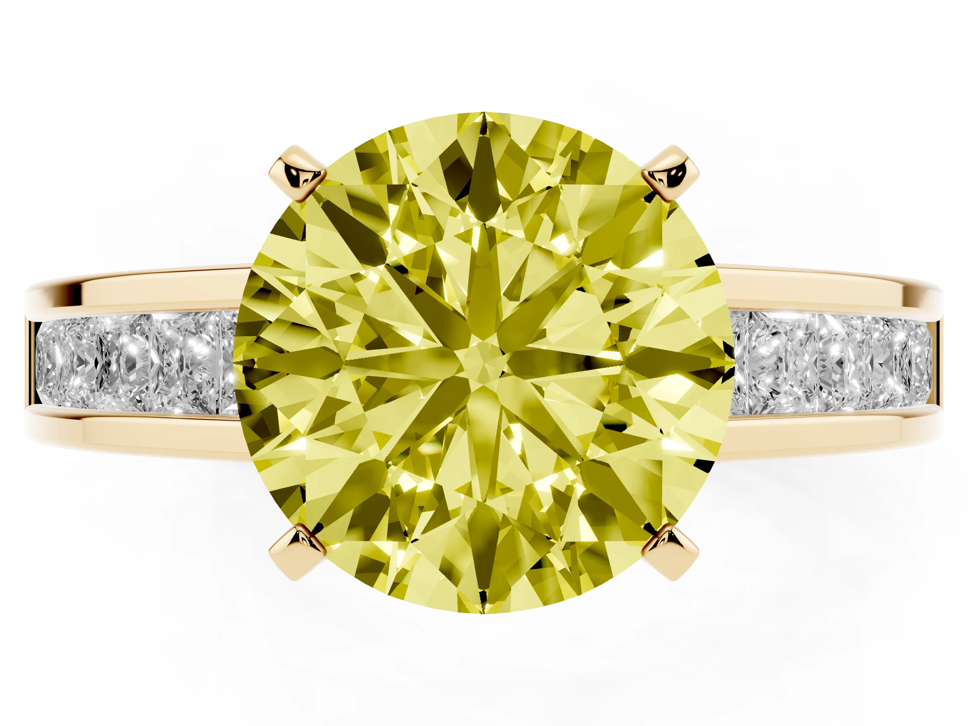 Fancy Yellow Round Cut Diamond Solitaire Ring Set in Yellow gold with Channel-Set Band and Prong Setting