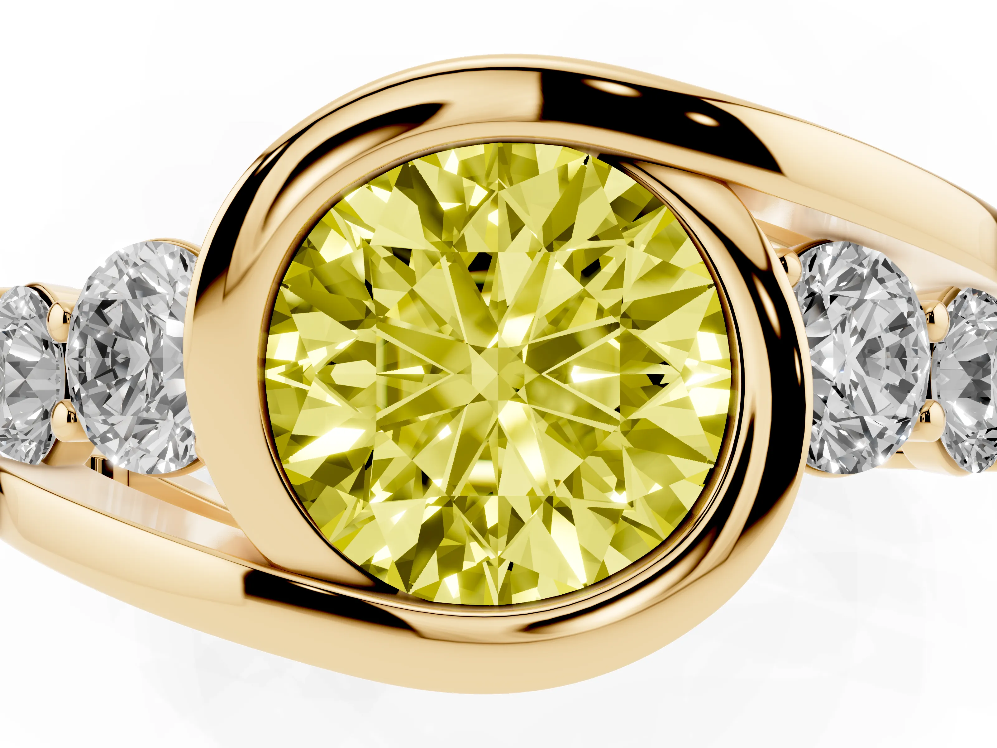 Fancy Yellow Round Cut Diamond Bezel Bypass Ring Set in Yellow gold with Round Accents