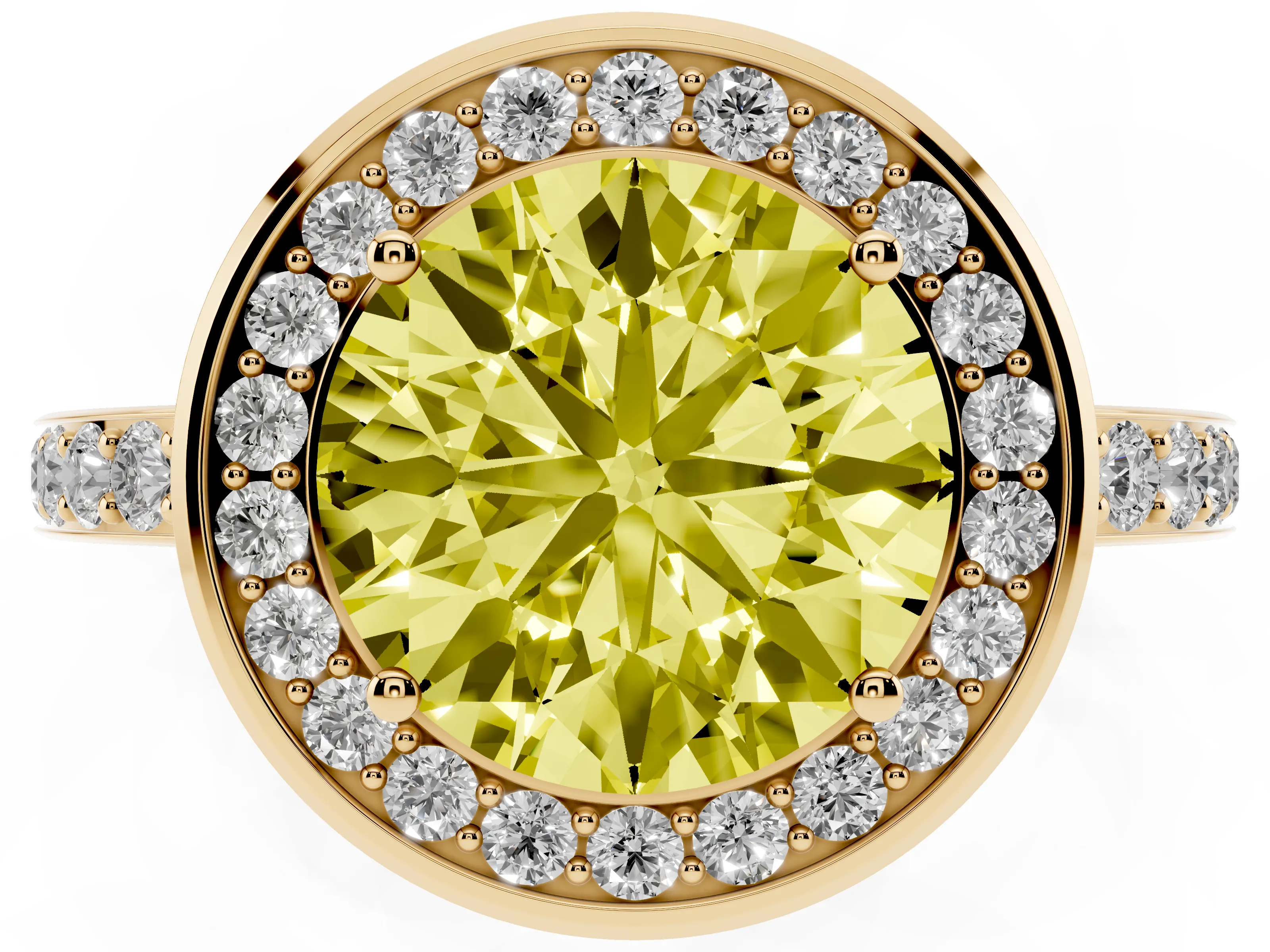 Fancy Yellow Round Cut Diamond Halo Ring Set in Yellow gold with Bezel Frame and Pavé Band