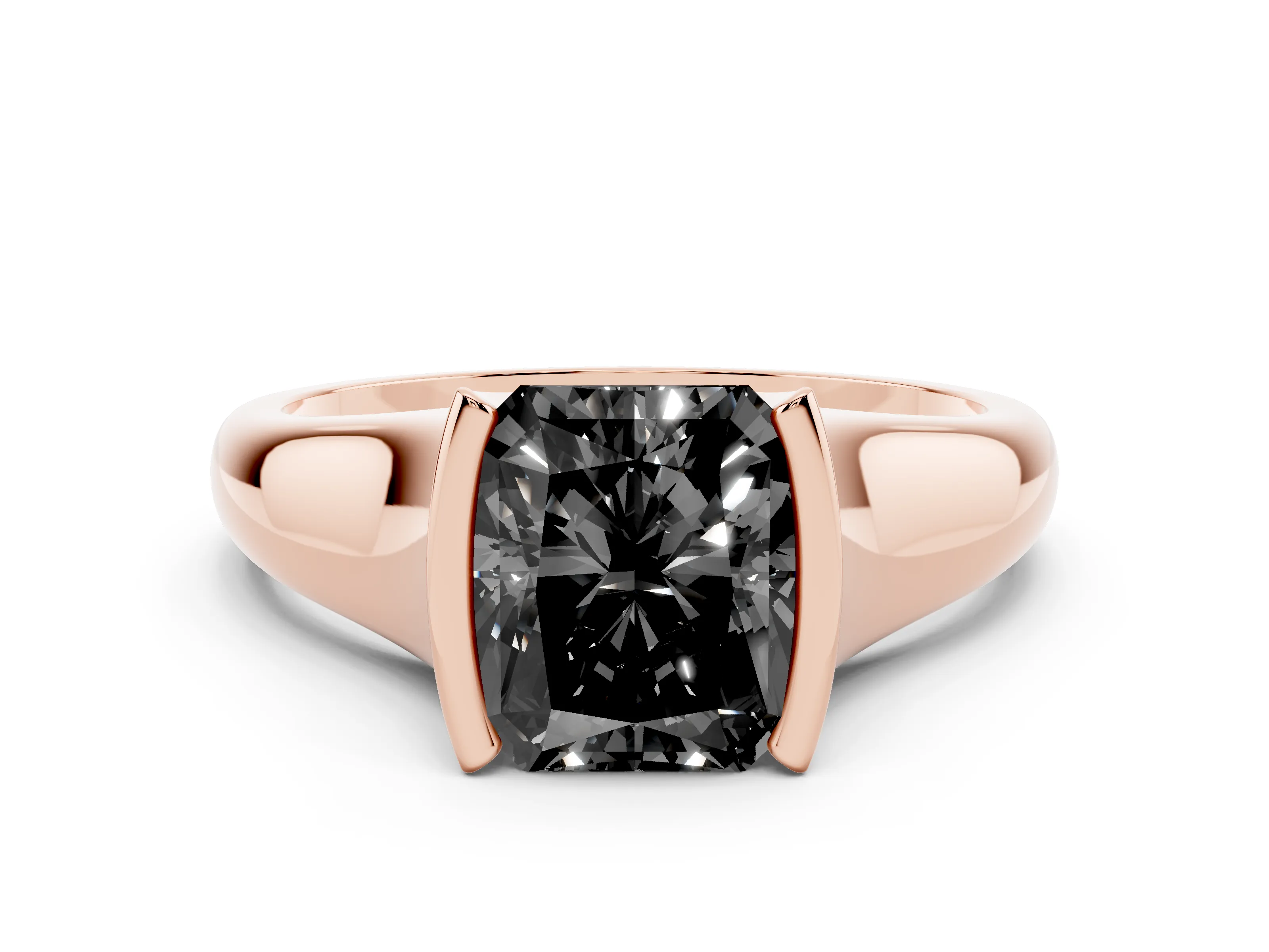 Fancy Black Radiant Cut Diamond Solitaire Tension Set Ring Set in Rose gold with Split Shank Band