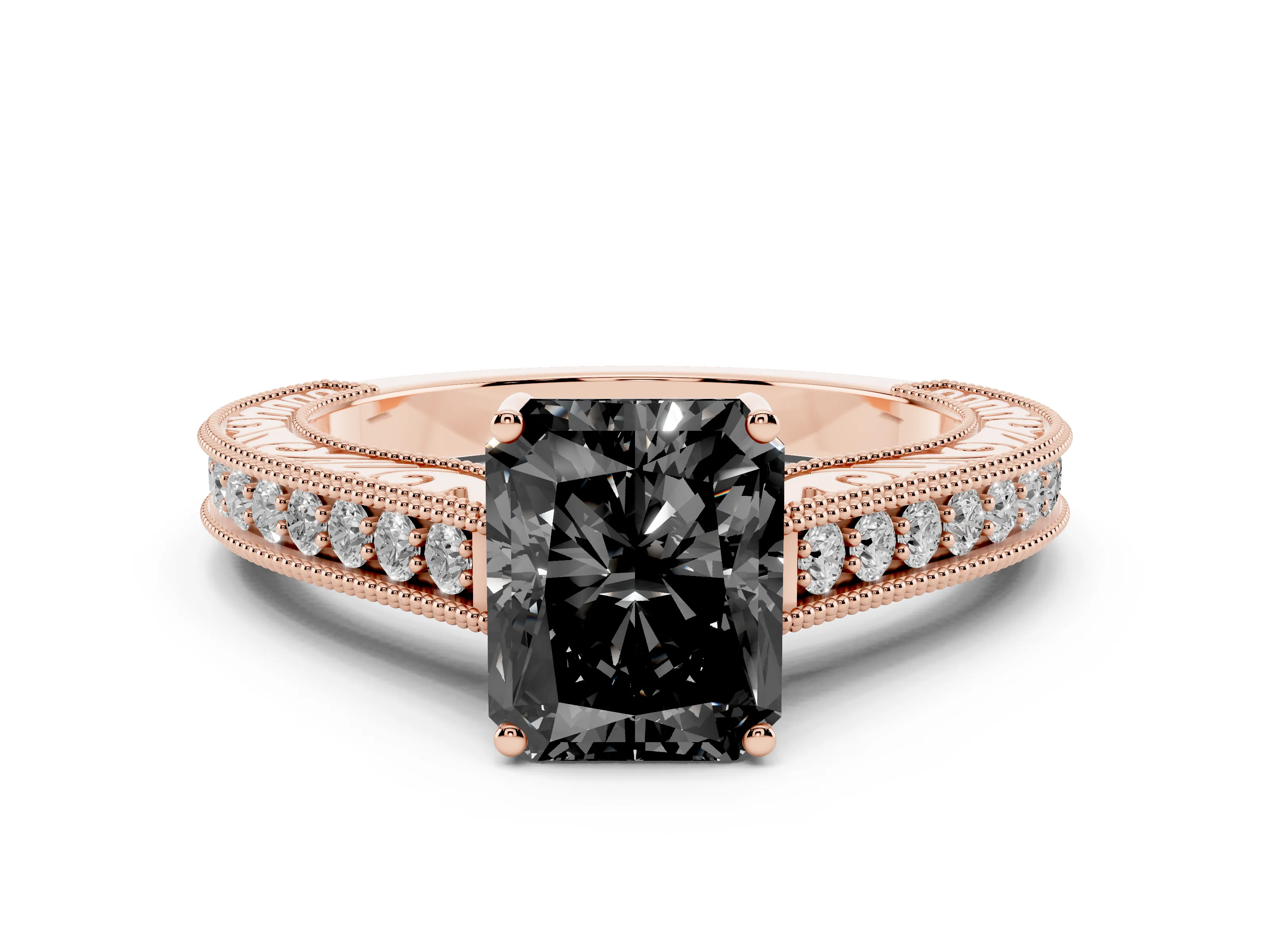 Fancy Black Radiant Cut Diamond Milgrain Pavé Band Solitaire Ring Set in Rose gold with Prong Setting