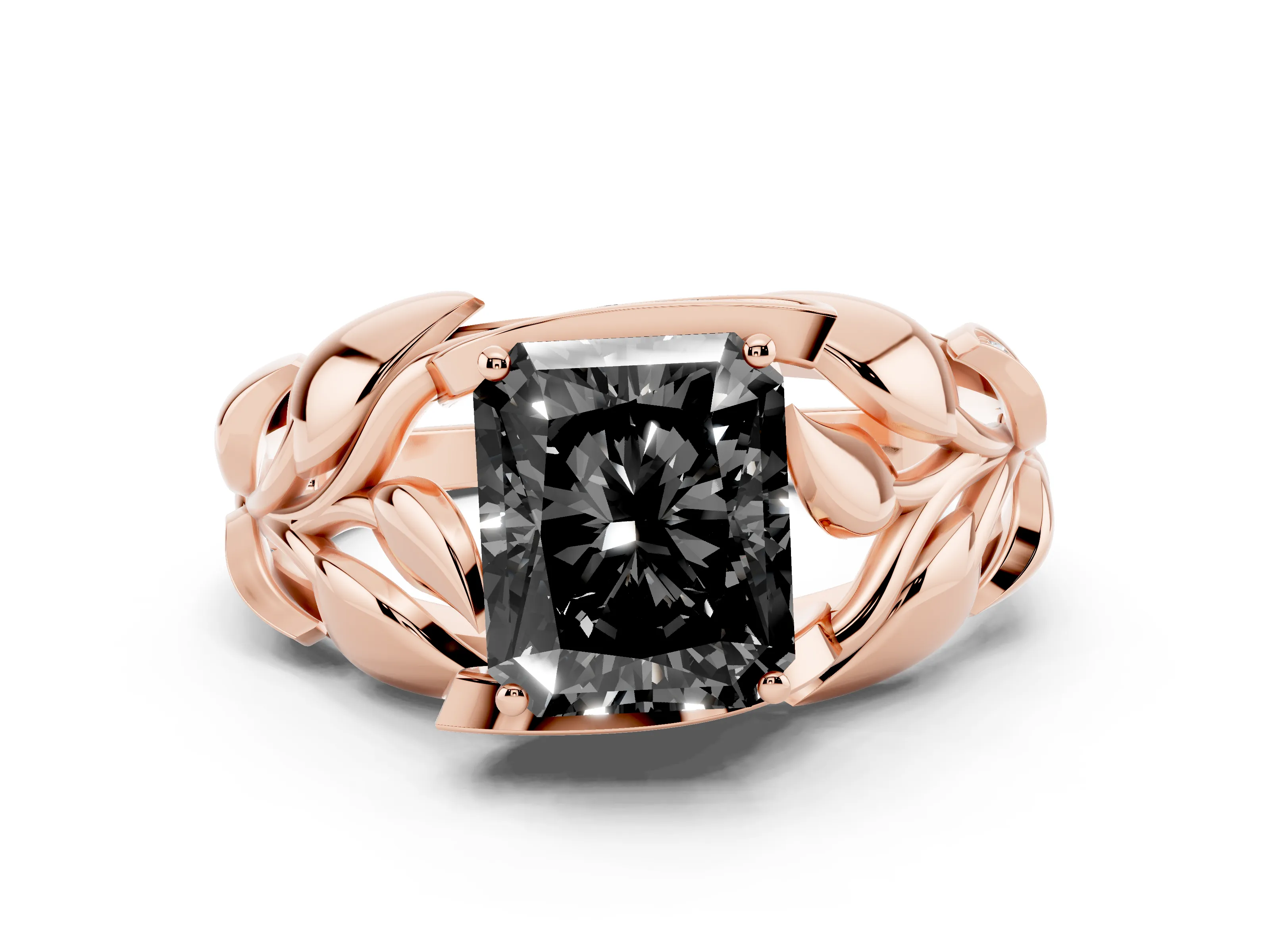 Fancy Black Radiant Cut Diamond Leaf-Inspired Engagement Ring Set in Rose gold with Round Accents