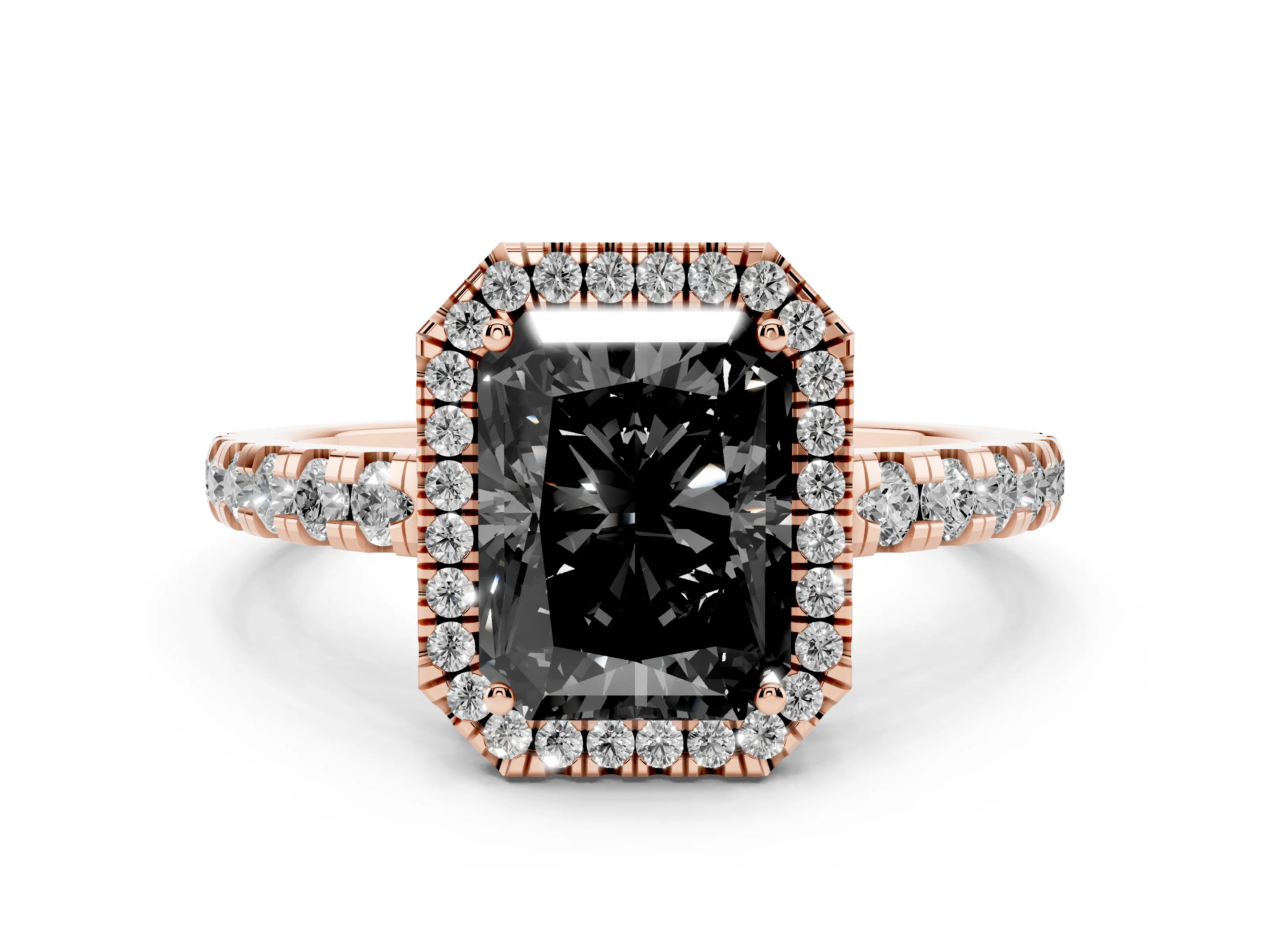 Fancy Black Radiant Cut Diamond Halo Ring Set in Rose gold with Delicate Pavé Band and Prong Setting