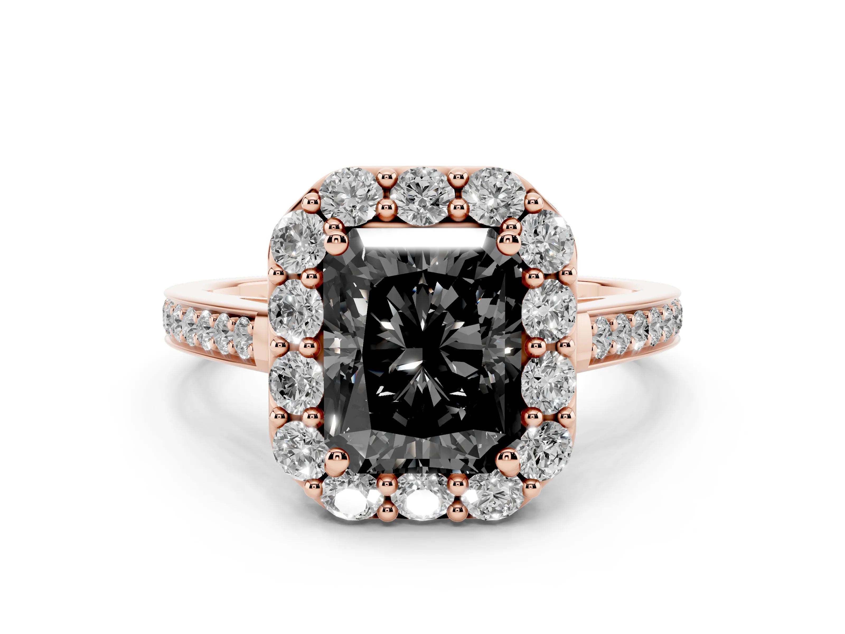 Fancy Black Radiant Cut Diamond Floral Halo Ring Set in Rose gold with Pavé Band and Prong Setting