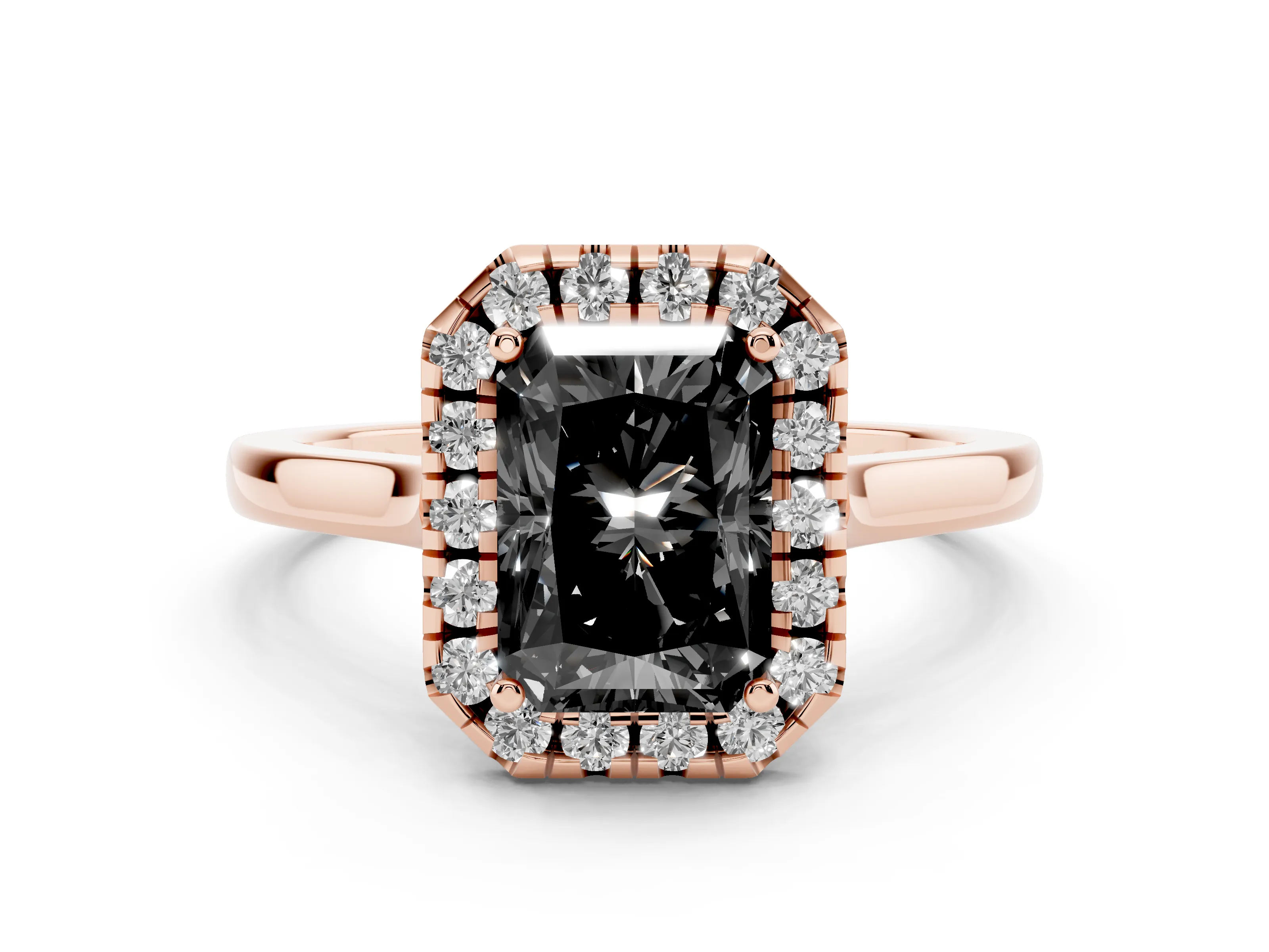 Fancy Black Radiant Cut Halo Round Diamond Solitaire Ring Set in Rose gold with Pavé Band and Prong Setting