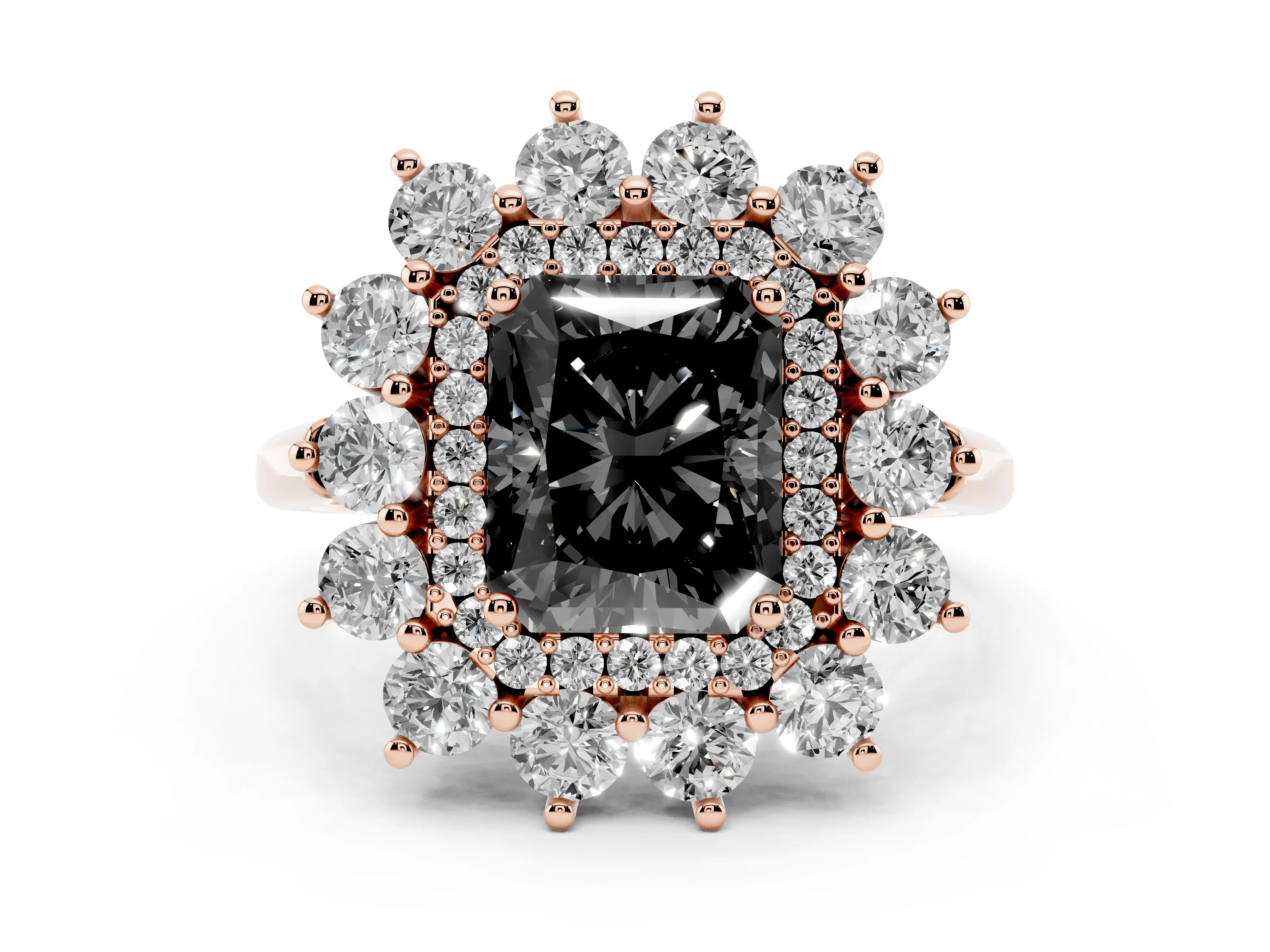 Fancy Black Radiant Cut Diamond Floral Double Halo Ring Set in Rose gold with Round Petals
