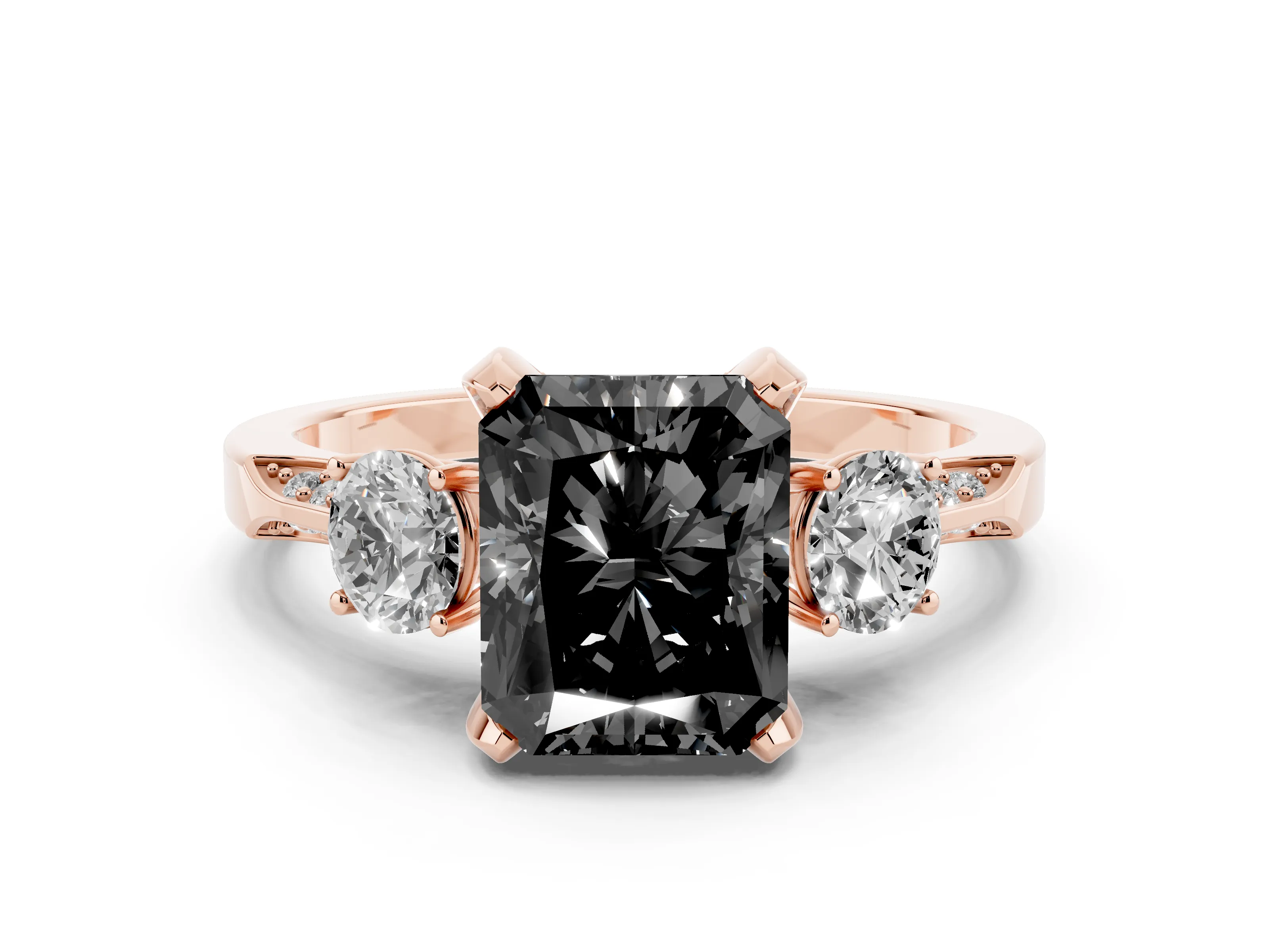 Fancy Black Radiant Cut Diamond Three-Stone Ring Set in Rose gold with Pavé Band and Smaller Side Stones