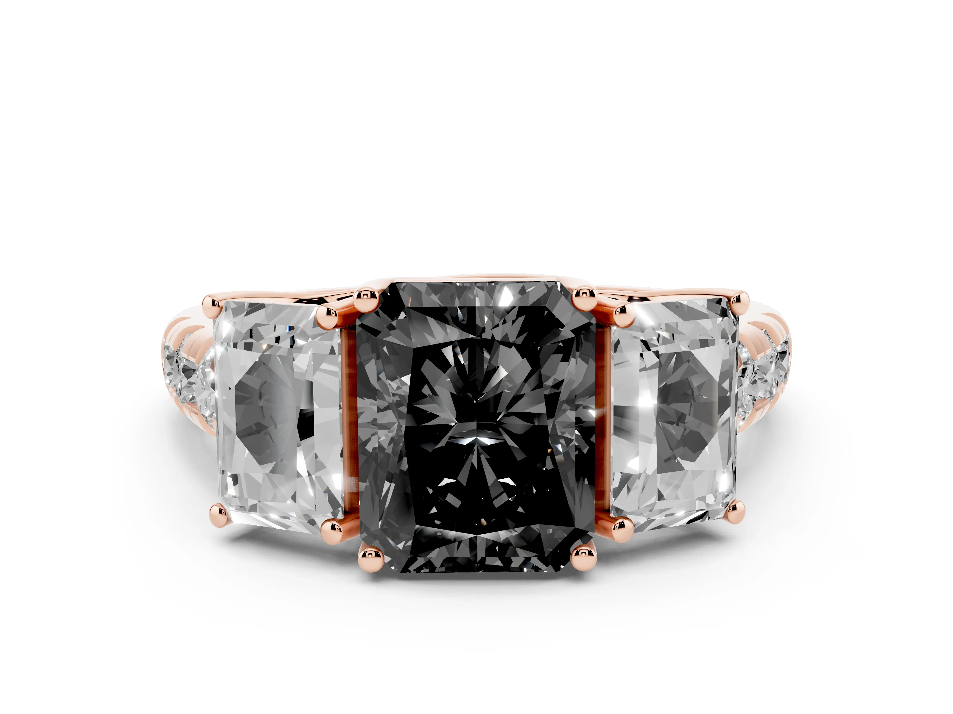 Fancy Black Radiant Cut Diamond Three-Stone Ring Set in Rose gold with Pavé Band