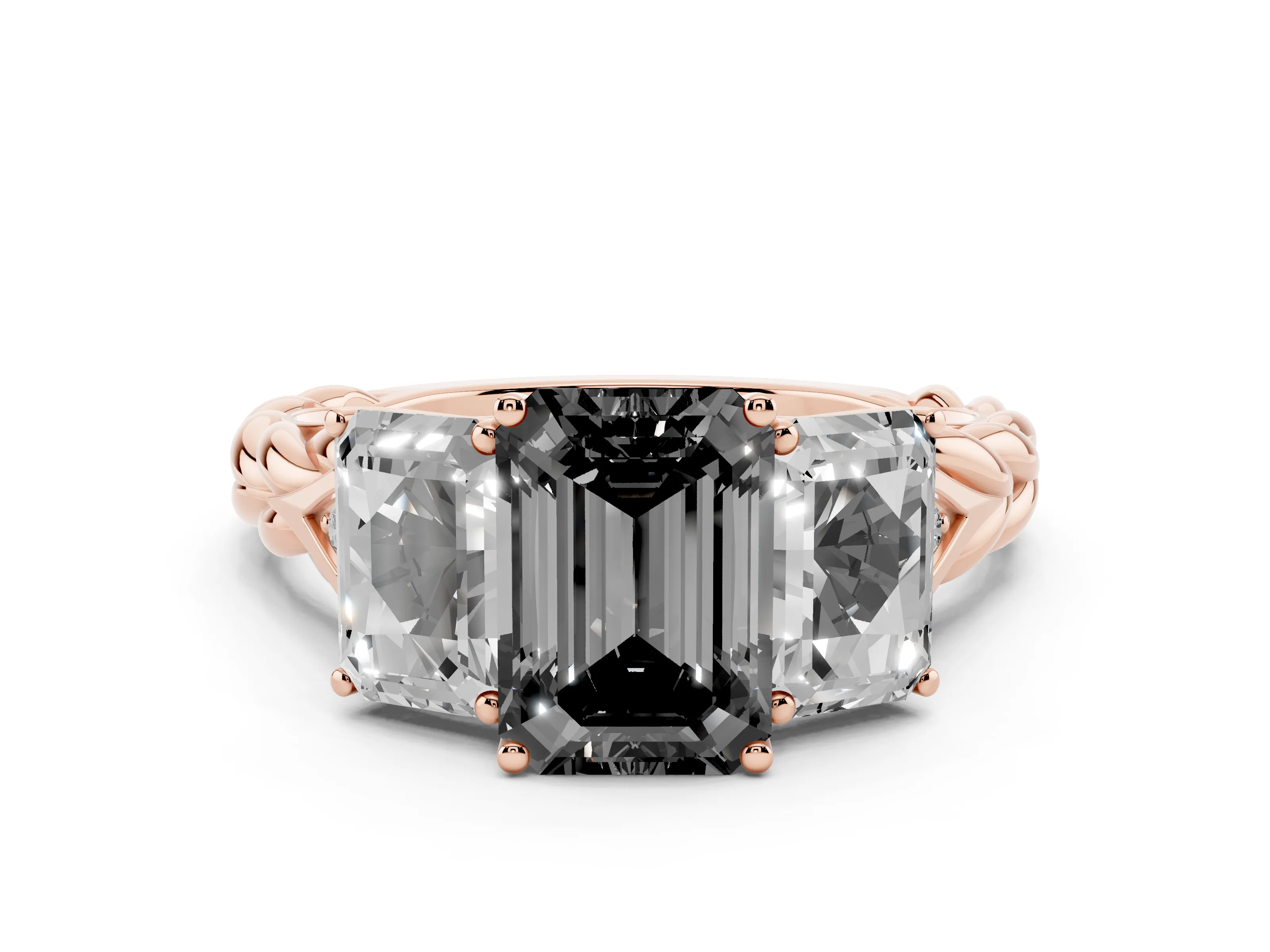 Fancy Black Radiant Cut Diamond Three-Stone Ring Set in Rose gold with Braided Band