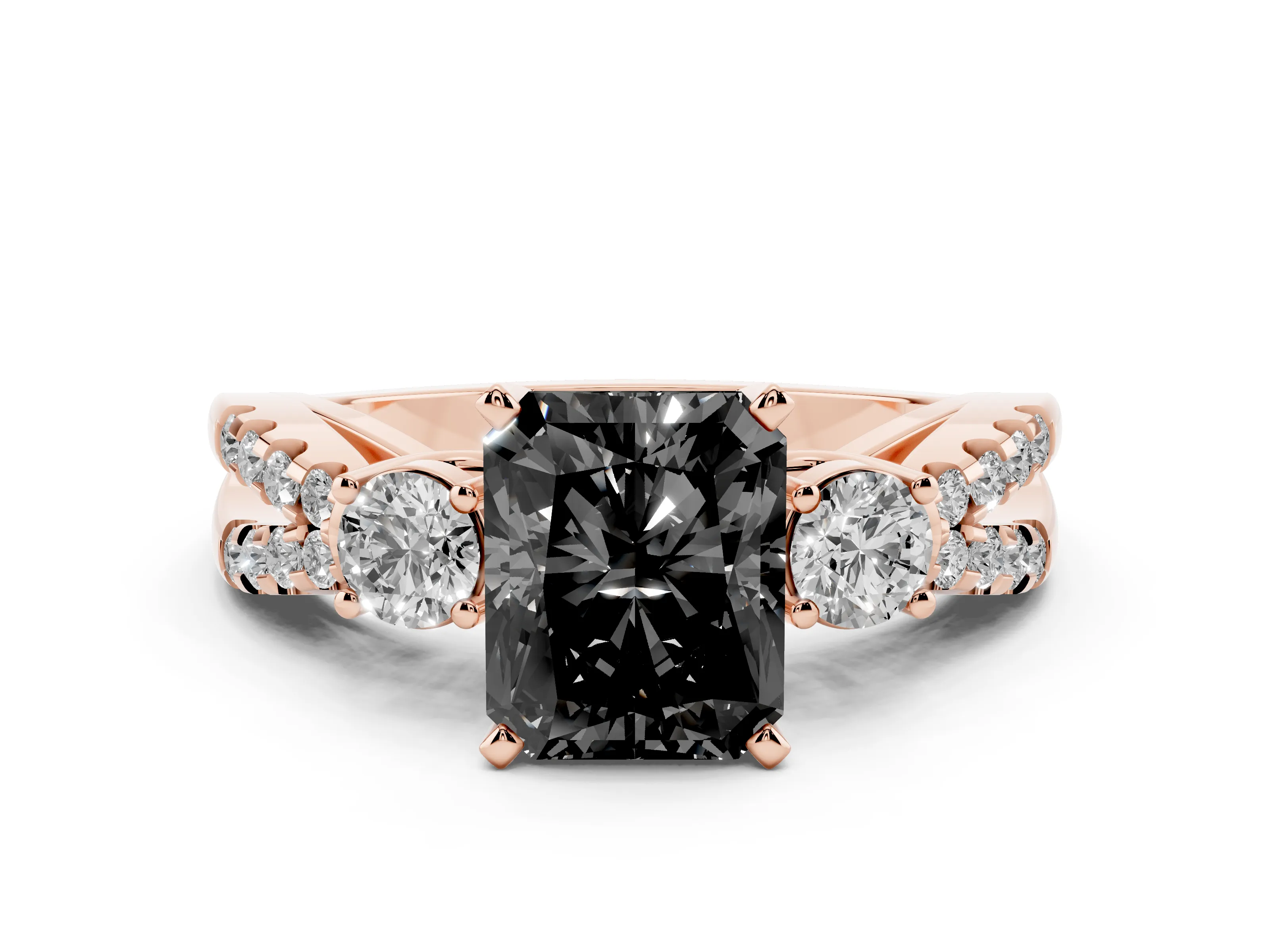 Fancy Black Radiant Cut Diamond Three-Stone Ring Set in Rose gold with Pavé Split Shank and Prong Setting