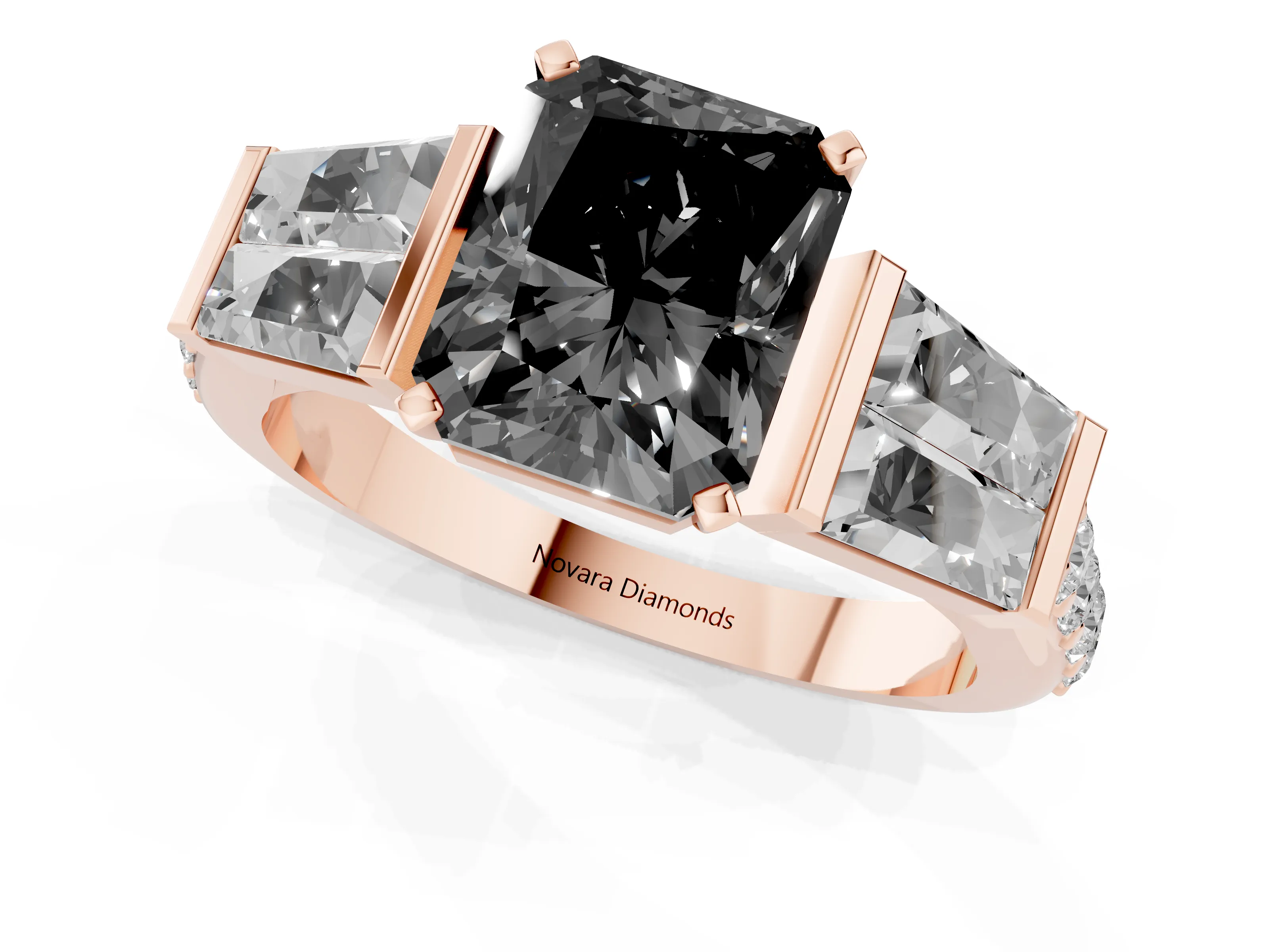 Fancy Black Radiant Cut Diamond Engagement Ring Set in Rose gold with Baguette Side Stones and Channel Set Band