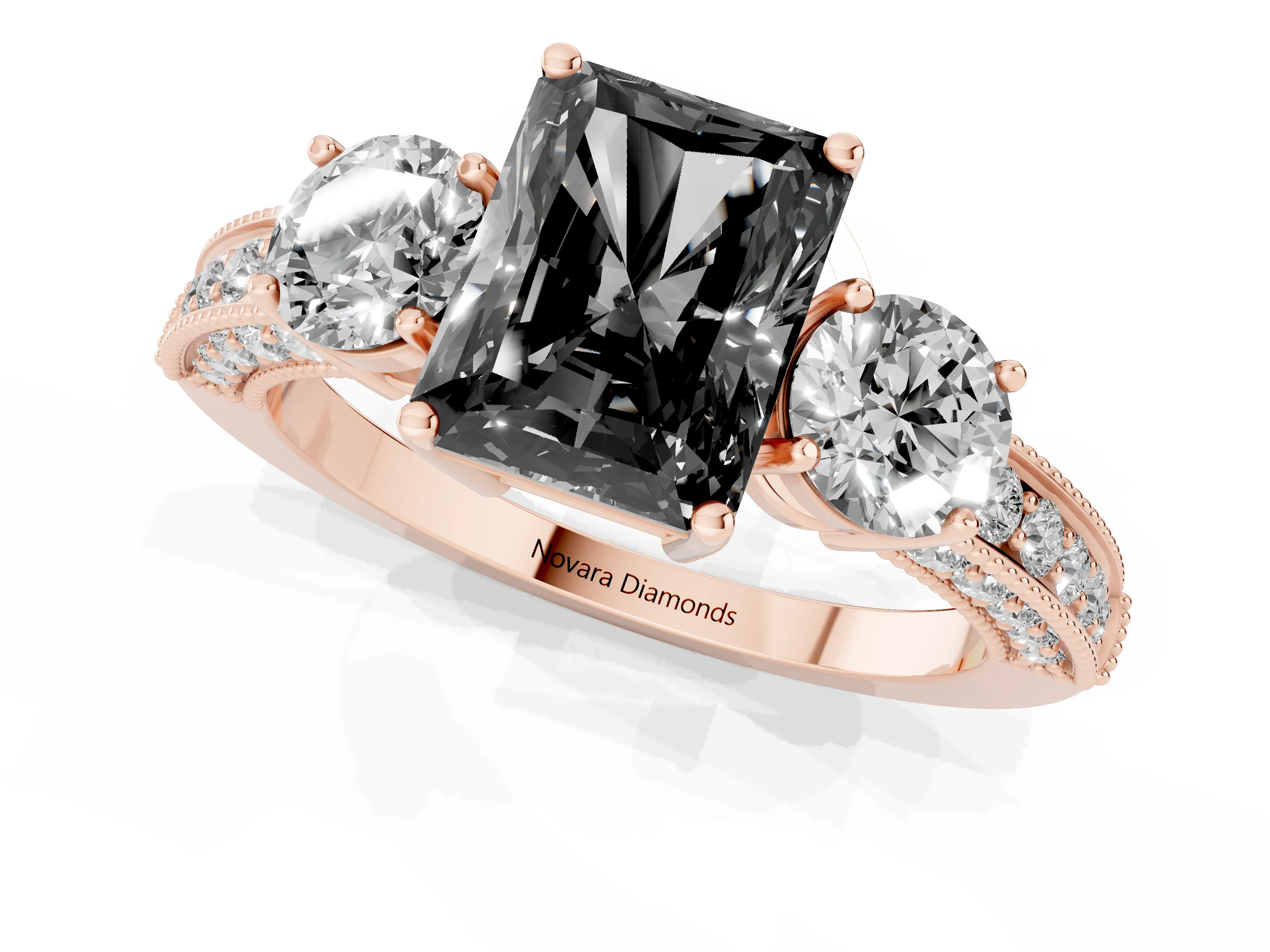 Fancy Black Radiant Cut Diamond Three-Stone Ring Set in Rose gold with Round Side Stones and Pavé Band