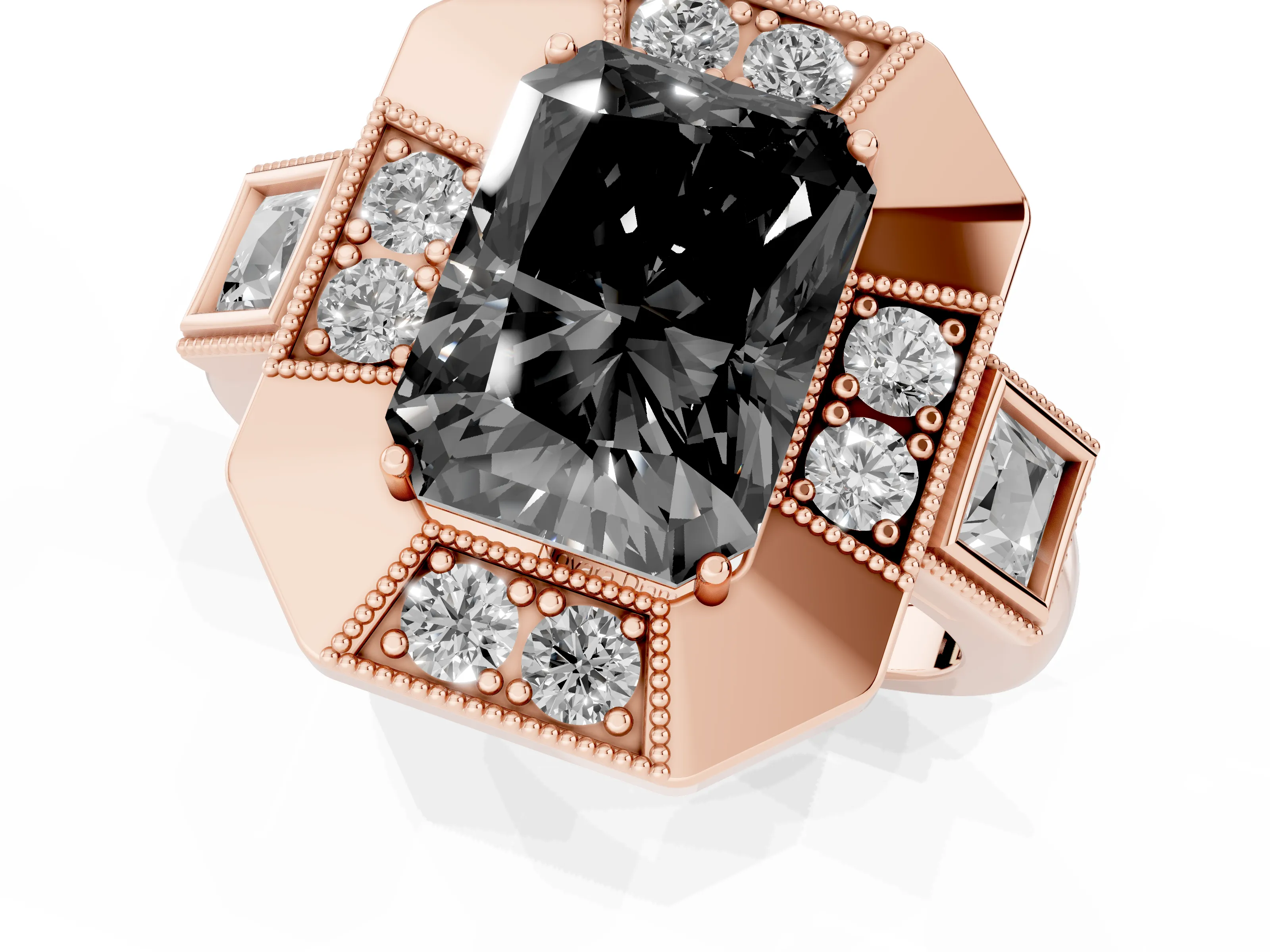 Fancy Black Radiant Cut Diamond Milgrain Halo Ring Set in Rose gold with Split Shank