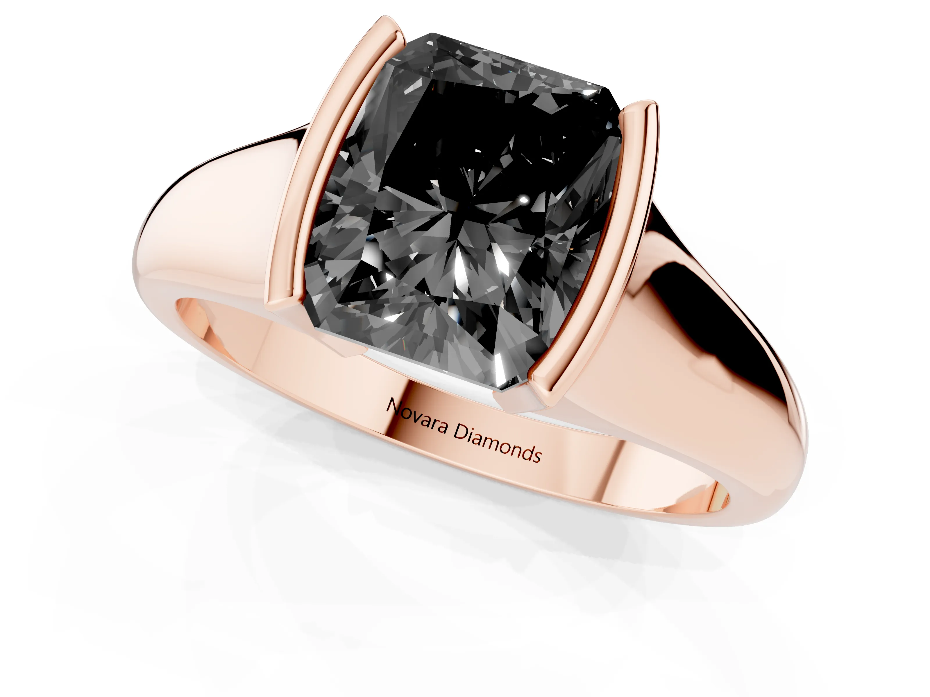 Fancy Black Radiant Cut Diamond Solitaire Tension Set Ring Set in Rose gold with Split Shank Band