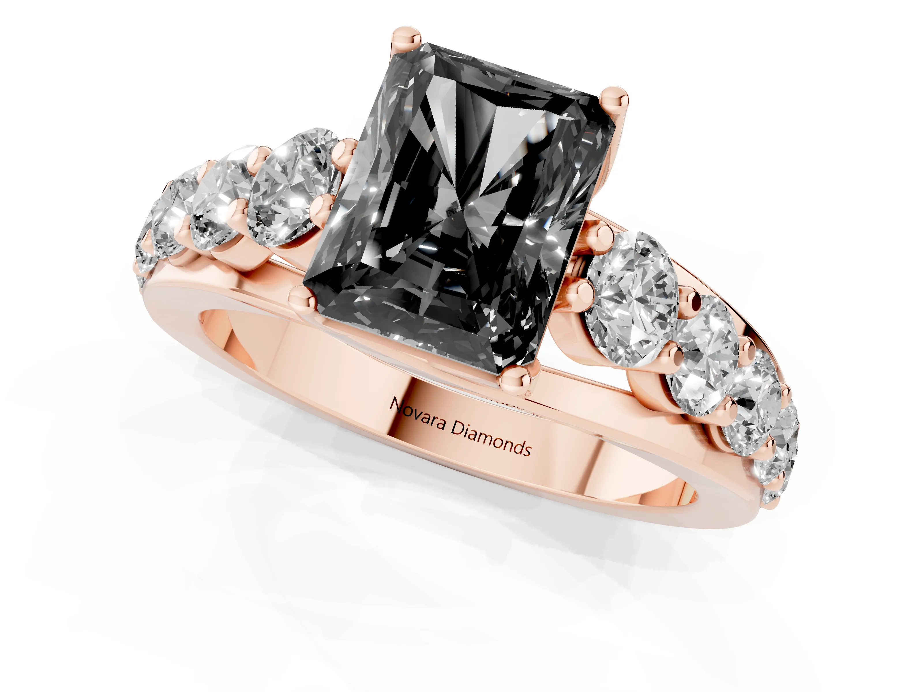 Fancy Black Radiant Cut Diamond Pavé Engagement Ring Set in Rose gold with Prong Setting