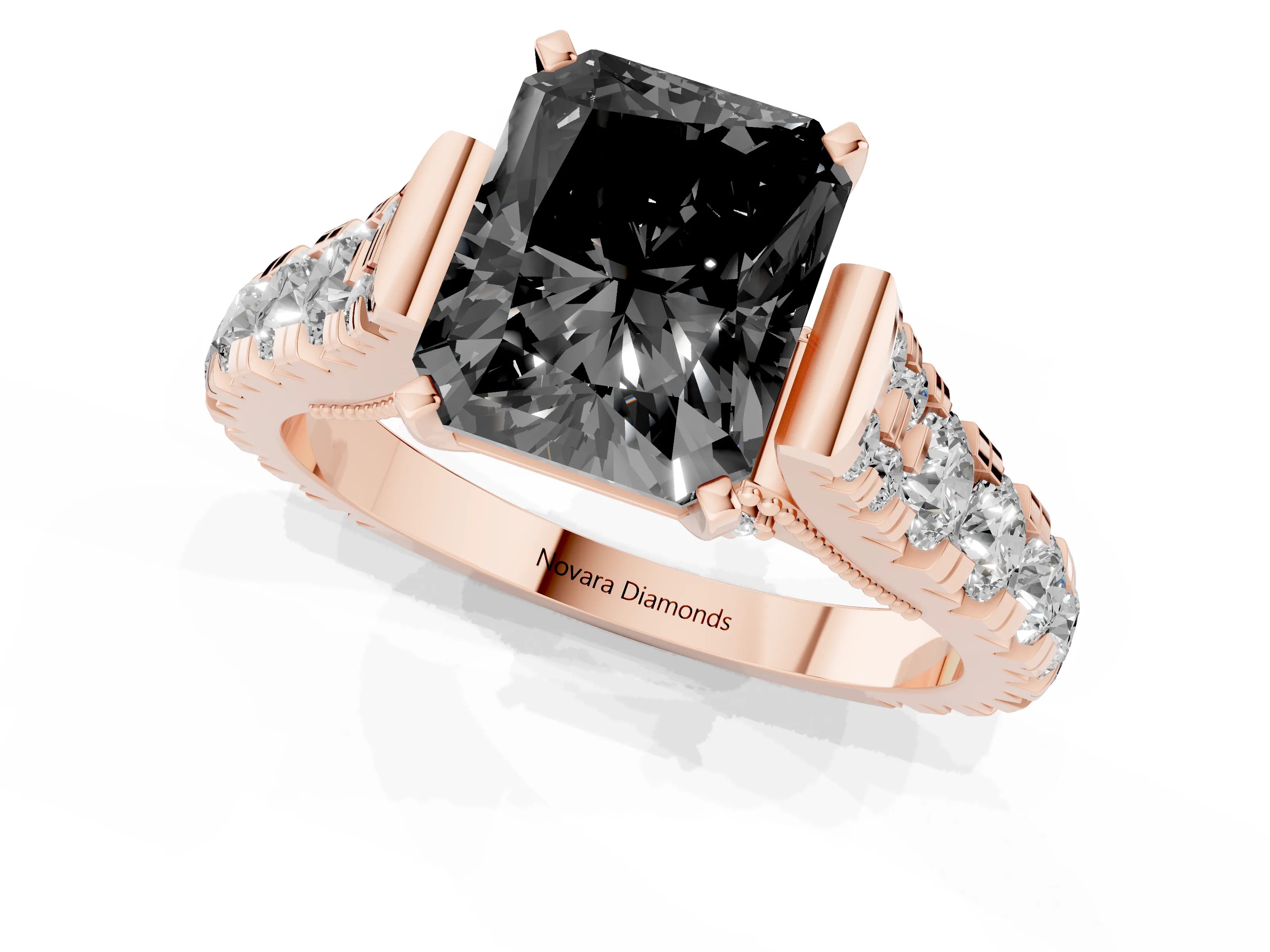 Fancy Black Radiant Cut Diamond Classic Solitaire Ring Set in Rose gold with Pavé Band and Prong Setting