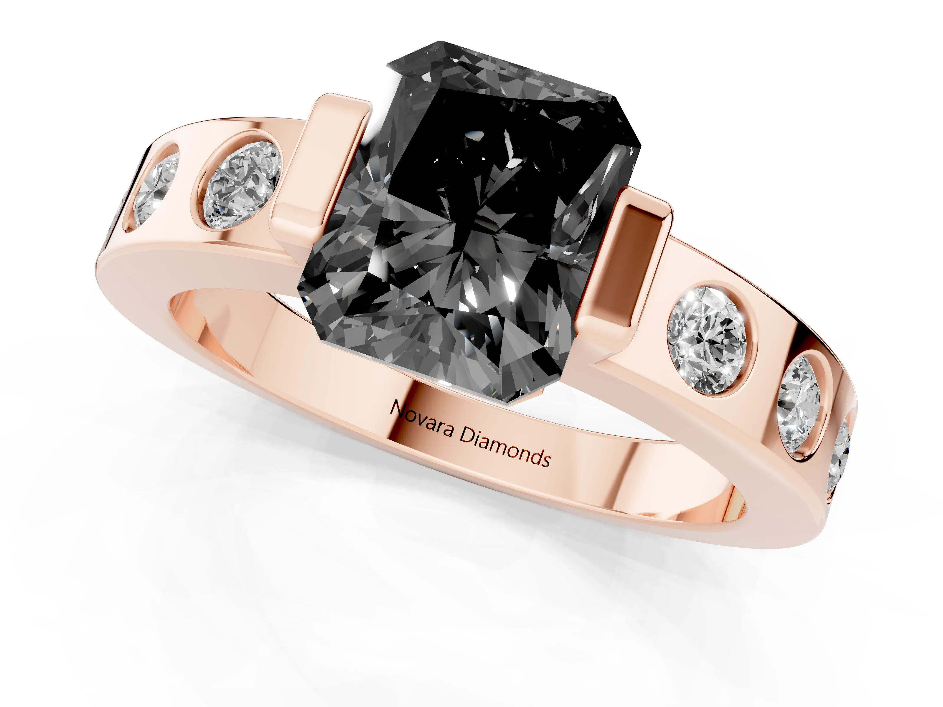 Fancy Black Radiant Cut Diamond Channel-Set Band Ring Set in Rose gold with Bezel Prong Setting