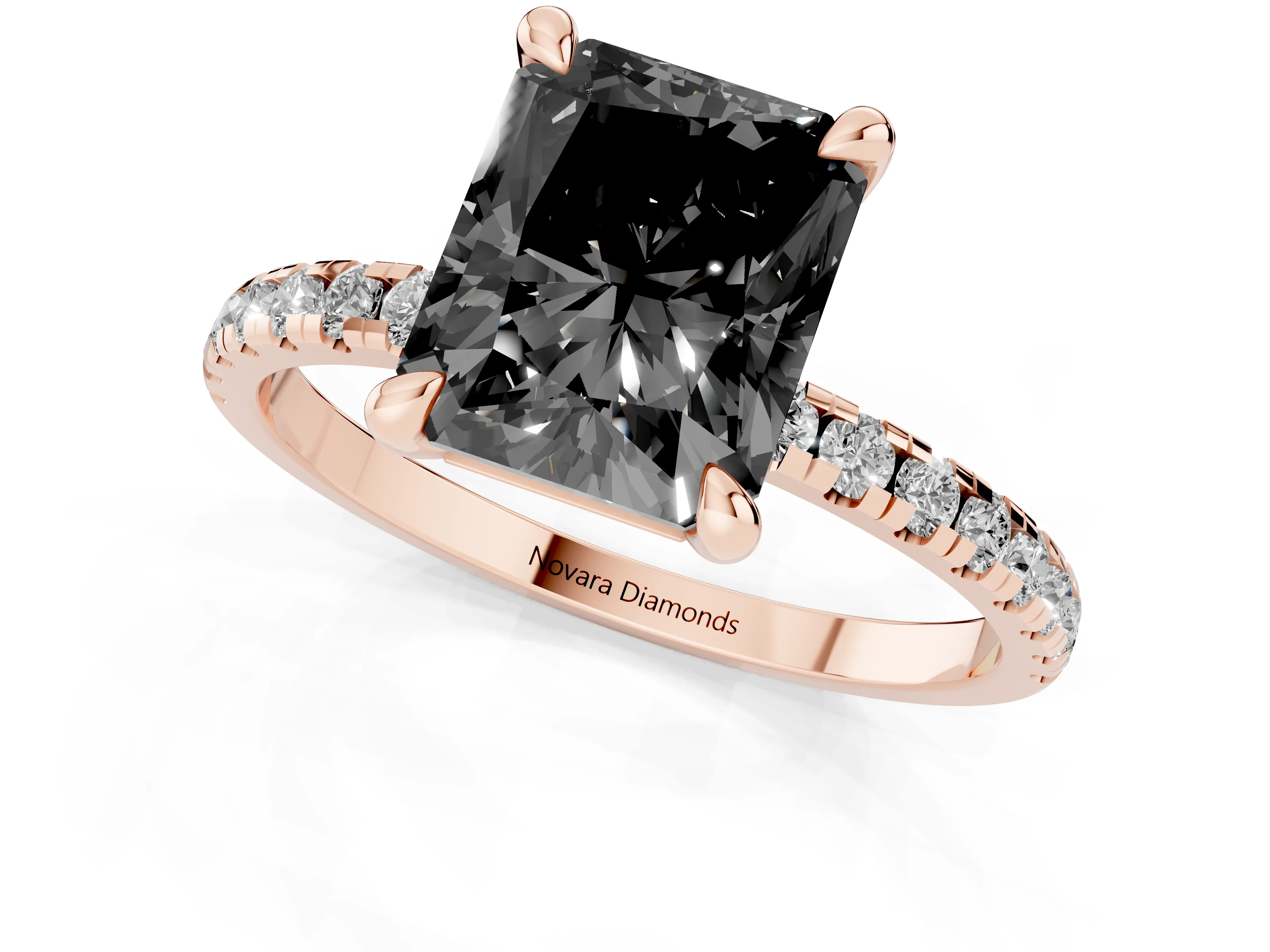Fancy Black Radiant Cut Diamond Brilliant Solitaire Ring Set in Rose gold with Pavé Band and Prong Setting