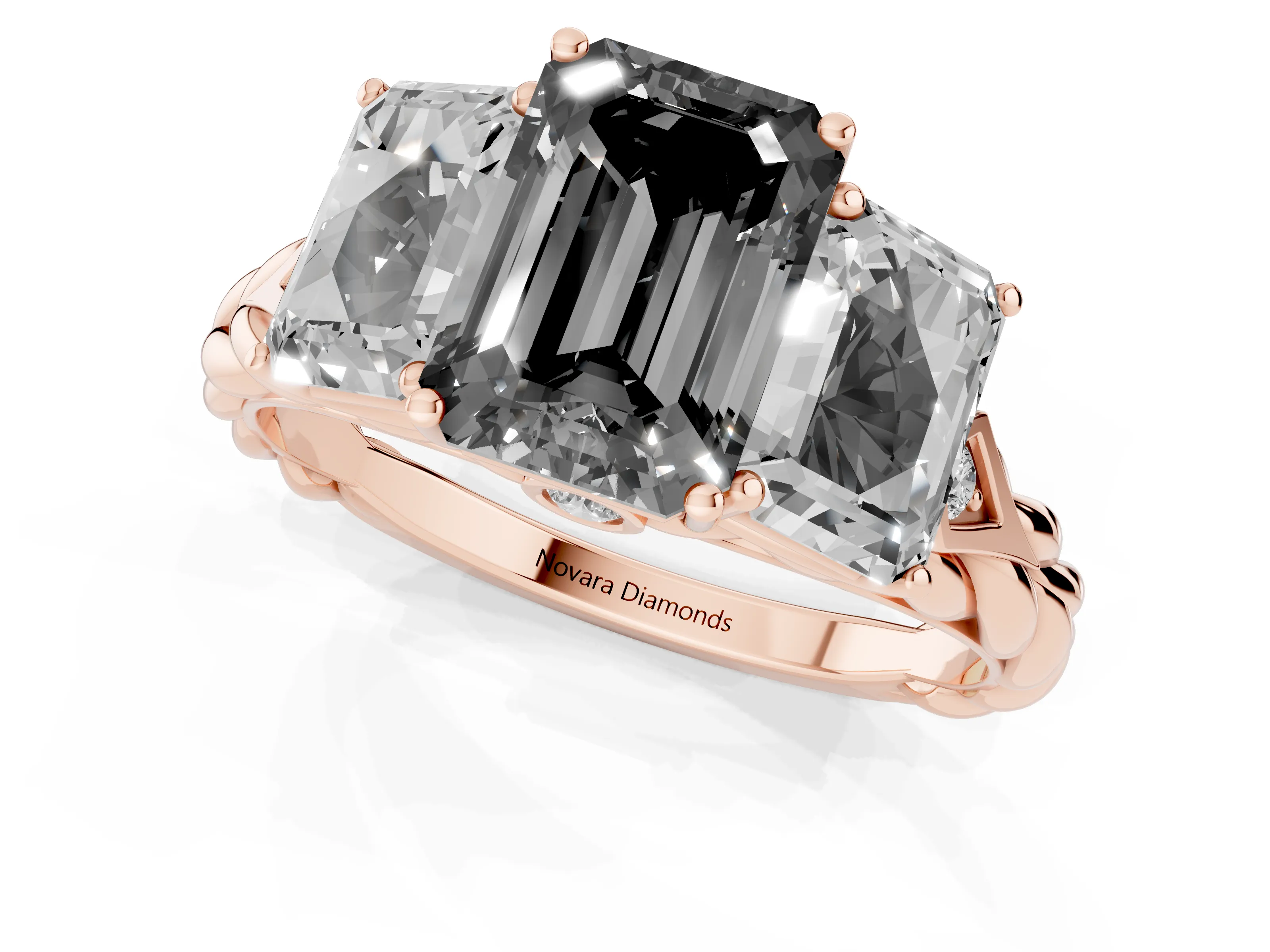 Fancy Black Radiant Cut Diamond Three-Stone Ring Set in Rose gold with Braided Band