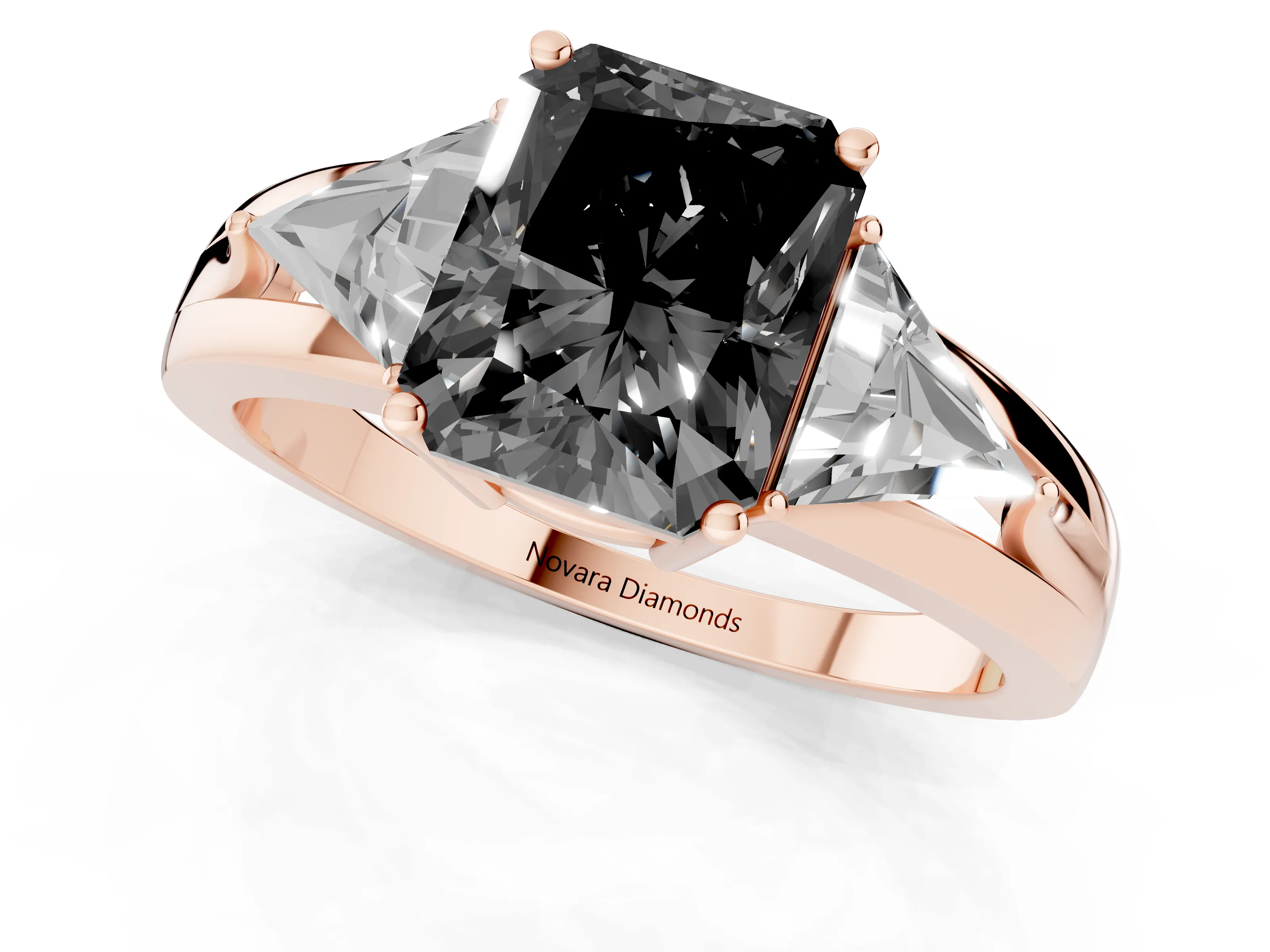 Fancy Black Radiant Cut Diamond Three-Stone Ring Set in Rose gold with Trillion Side Stones and Split Shank