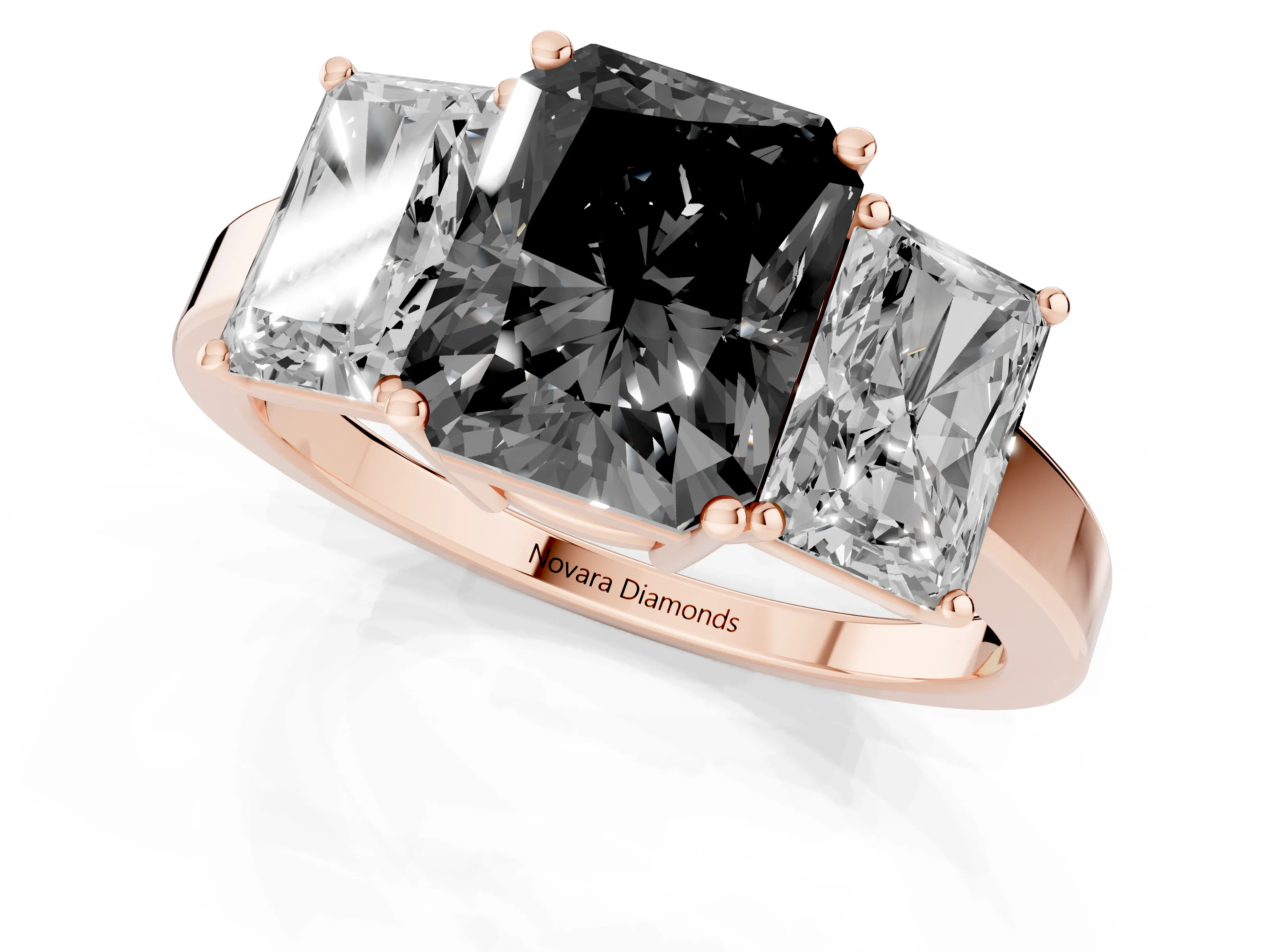 Fancy Black Radiant Cut Diamond Three-Stone Engagement Ring Set in Rose gold with Flat Band