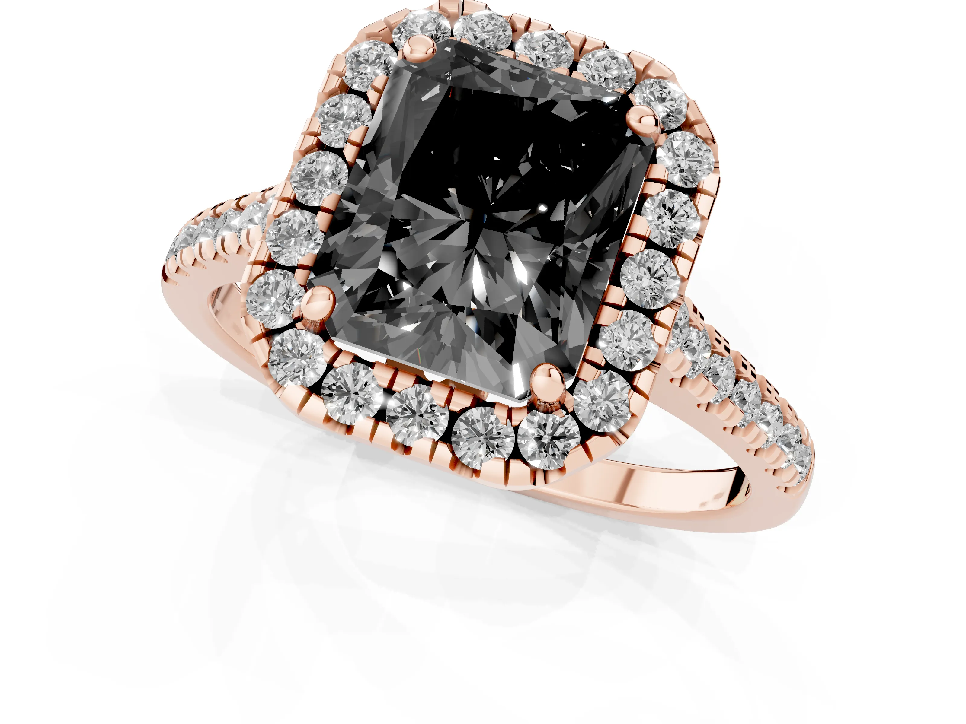 Fancy Black Radiant Cut Diamond Cushion Halo Ring Set in Rose gold with Pavé Band