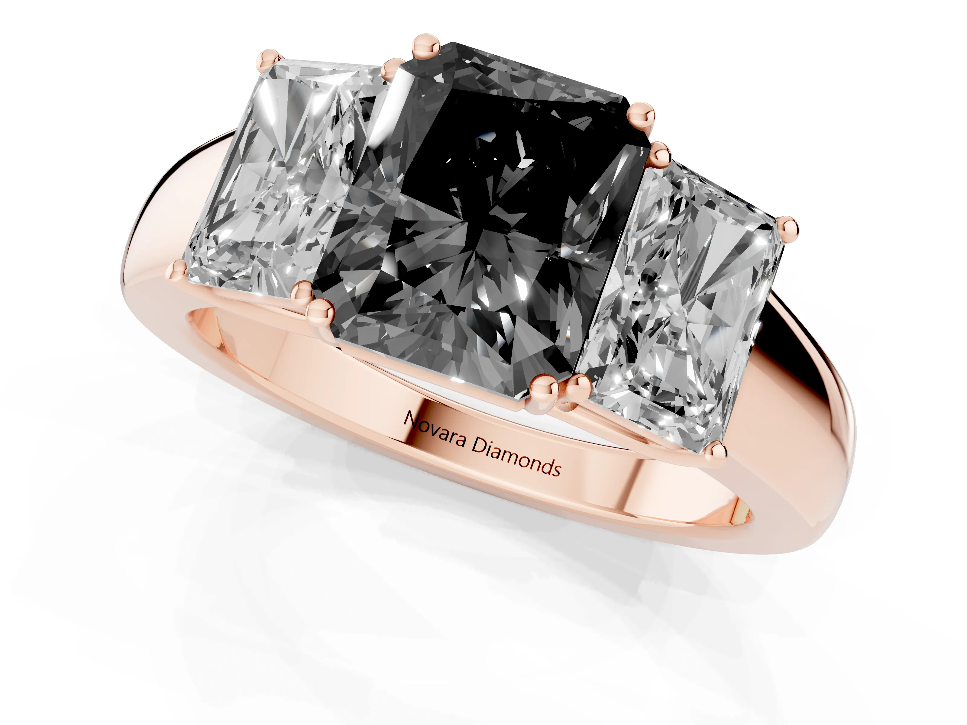 Fancy Black Three-Stone Radiant Cut Diamond Ring Set in Rose gold with Matching Prong Settings and Plain Band