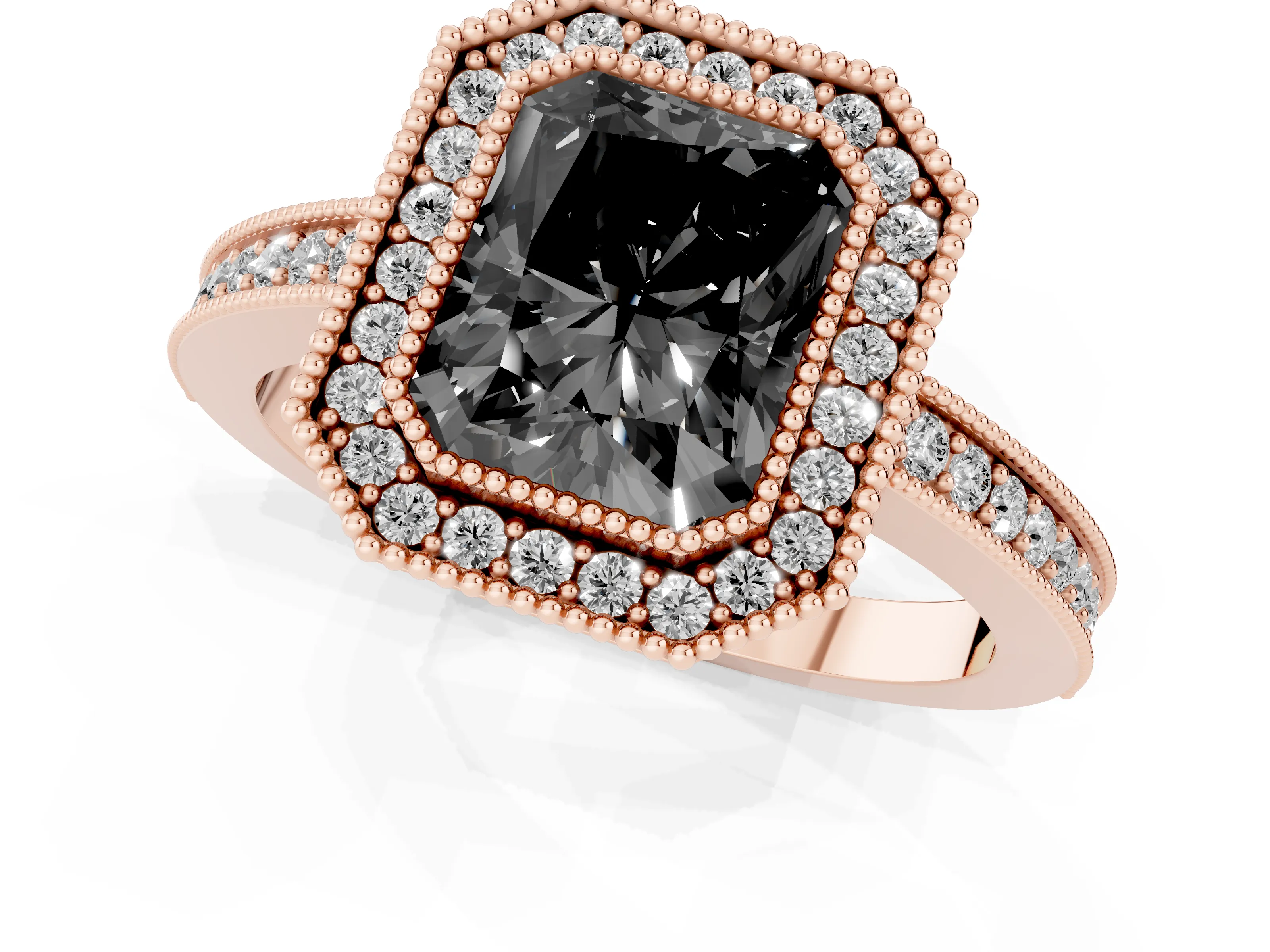 Fancy Black Radiant Cut Diamond Round Halo Ring Set in Rose gold with Pavé Band
