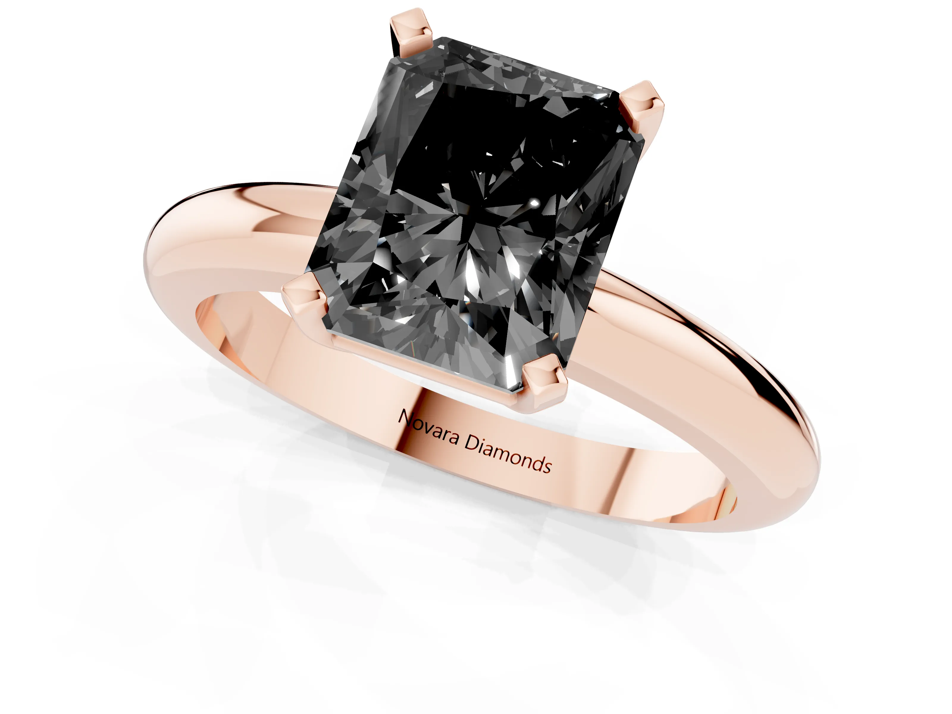 Fancy Black Radiant Cut Diamond Solitaire Engagement Ring Set in Rose gold with Round Band and Prong Setting