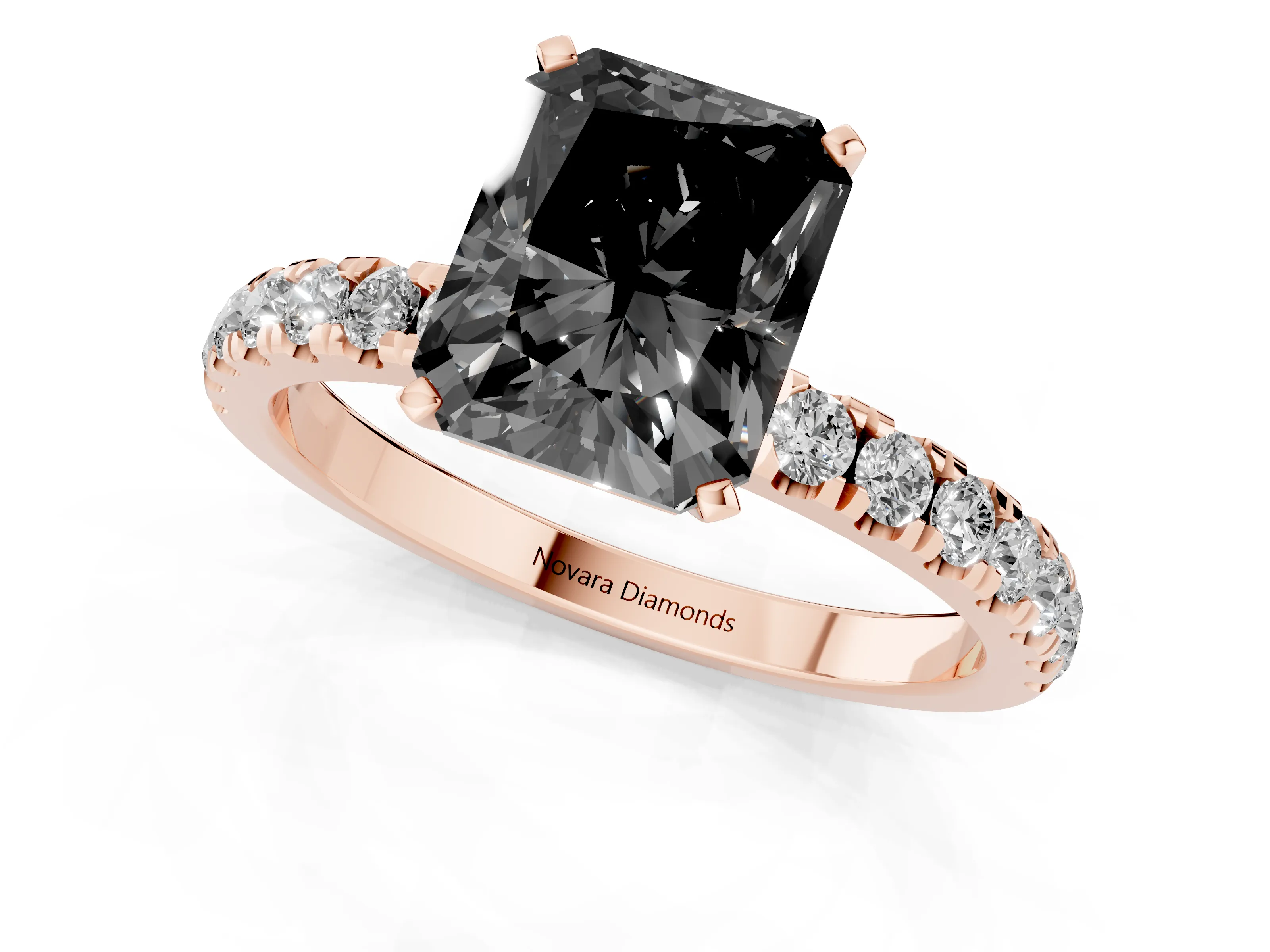 Fancy Black Radiant Cut Diamond Solitaire Ring Set in Rose gold with Pavé Accents and Prong Setting