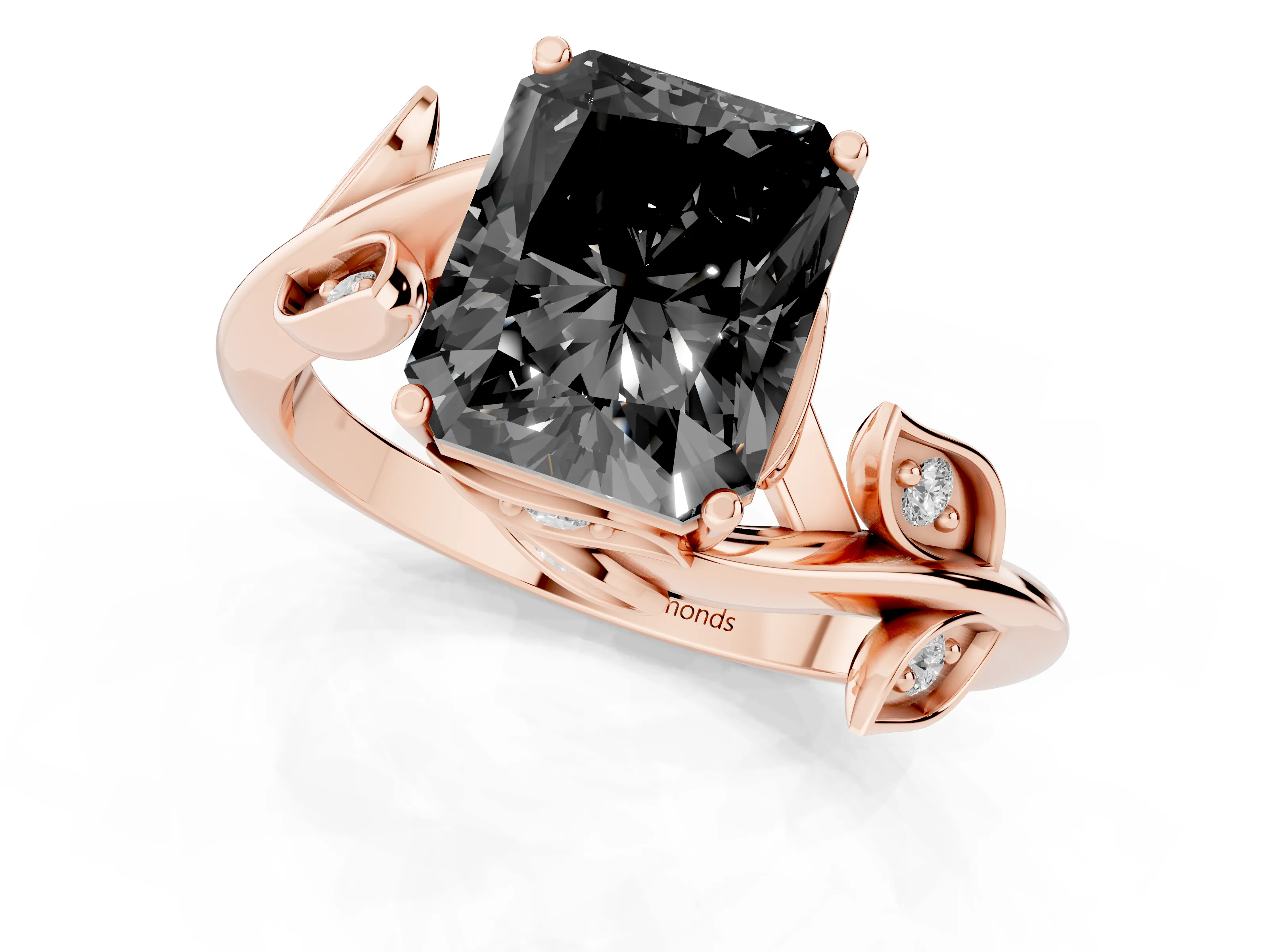 Fancy Black Radiant Cut Diamond Solitaire Twist Engagement Ring Set in Rose gold with Pavé Leaf Accents
