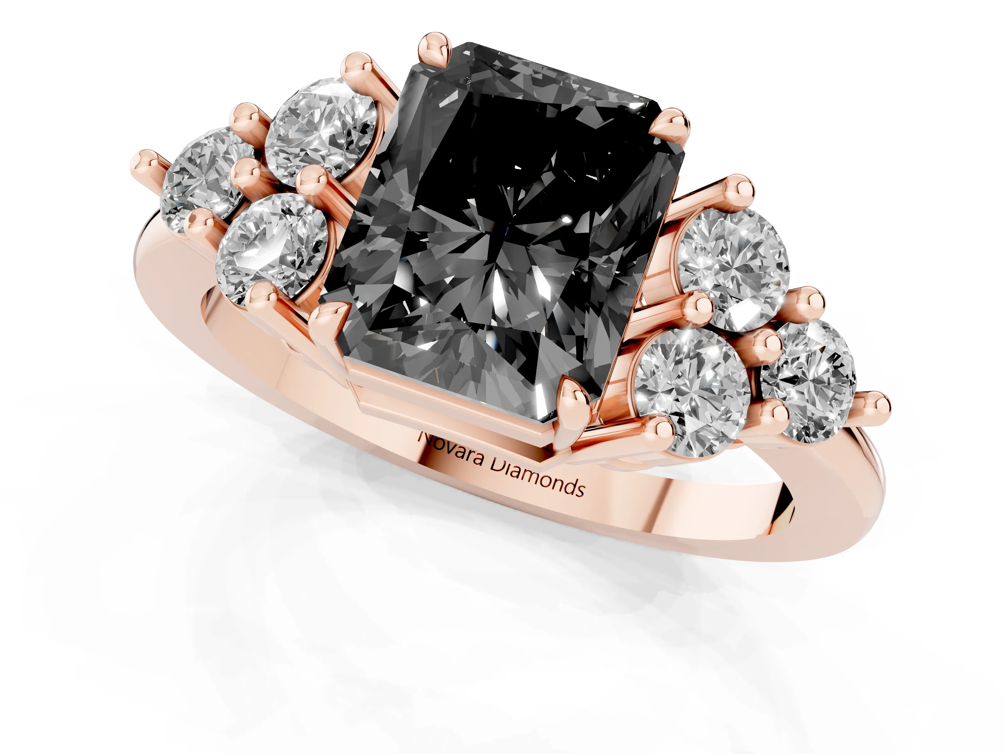 Fancy Black Radiant Cut Diamond Solitaire Ring Set in Rose gold with Cluster Accents on Each Side