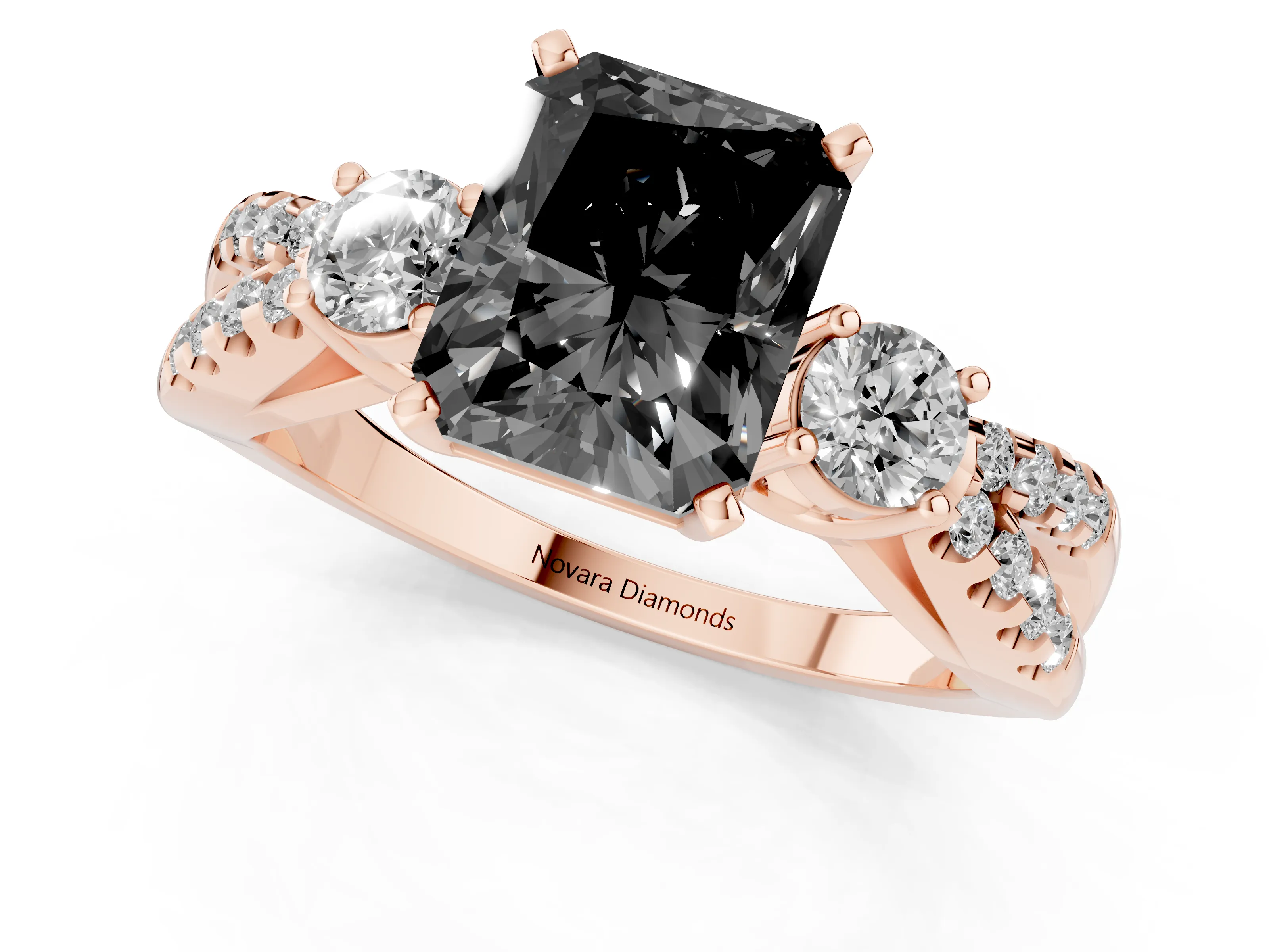 Fancy Black Radiant Cut Diamond Three-Stone Ring Set in Rose gold with Pavé Split Shank and Prong Setting