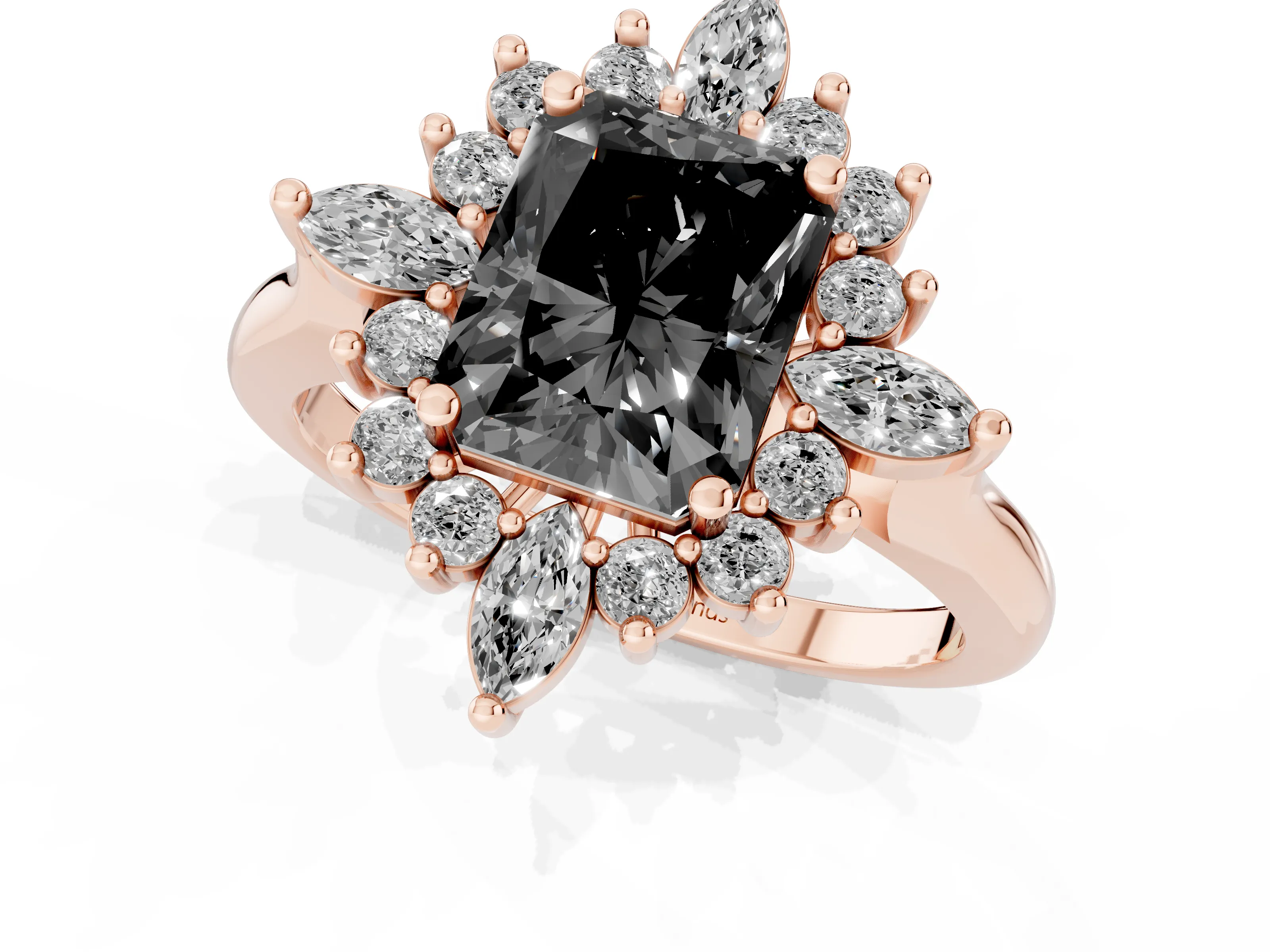 Fancy Black Radiant Cut Diamond Cluster Halo Ring Set in Rose gold with Marquise and Round Accents