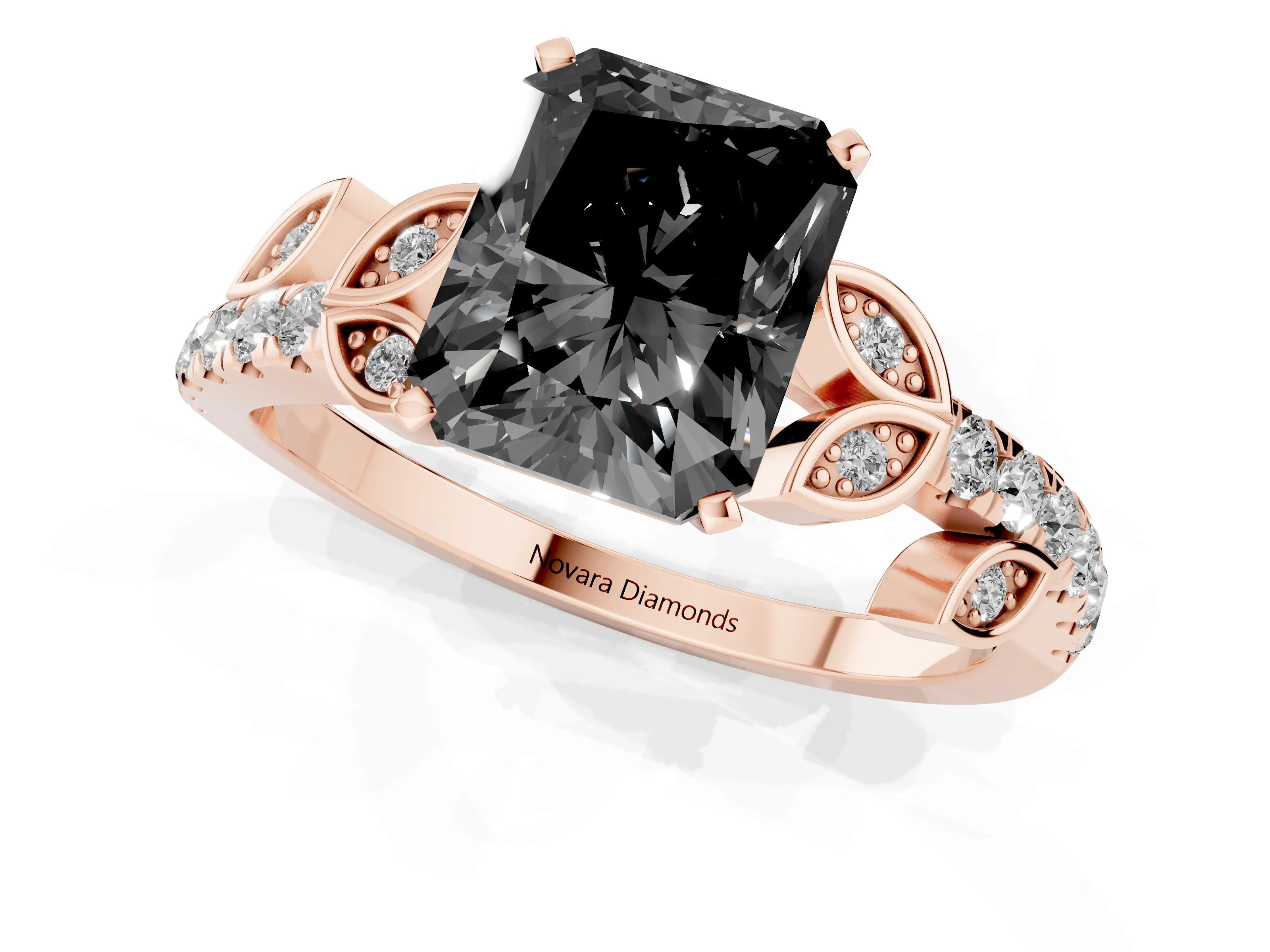 Fancy Black Radiant Cut Diamond Solitaire Leaf-Inspired Ring Set in Rose gold with Pavé Band and Prong Setting