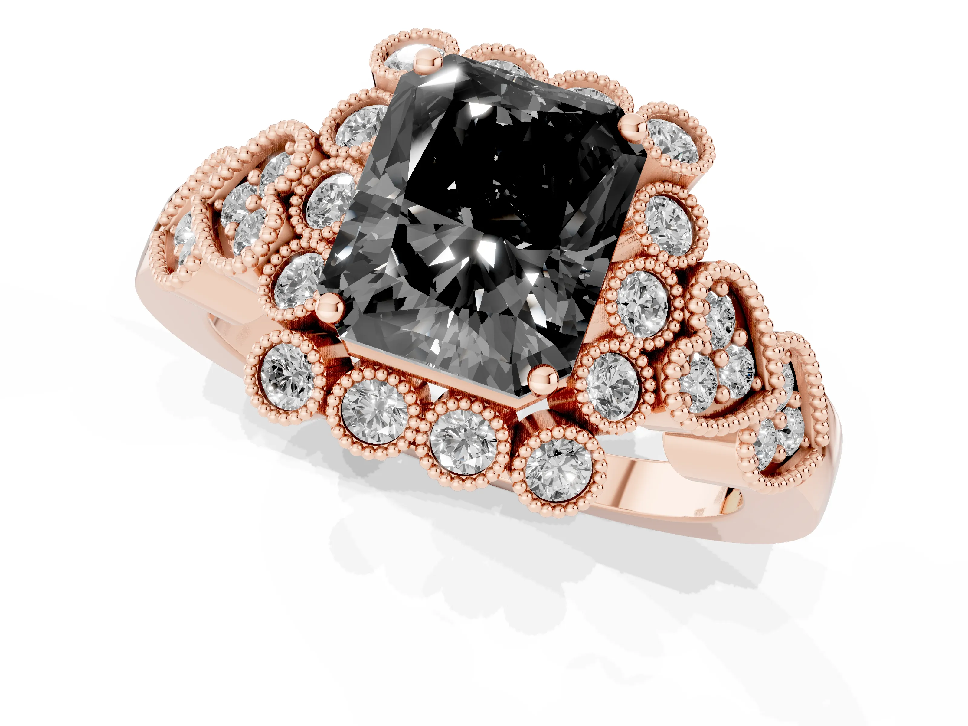 Fancy Black Radiant Cut Diamond Solitaire Ring Set in Rose gold with Milgrain Pavé Heart Band