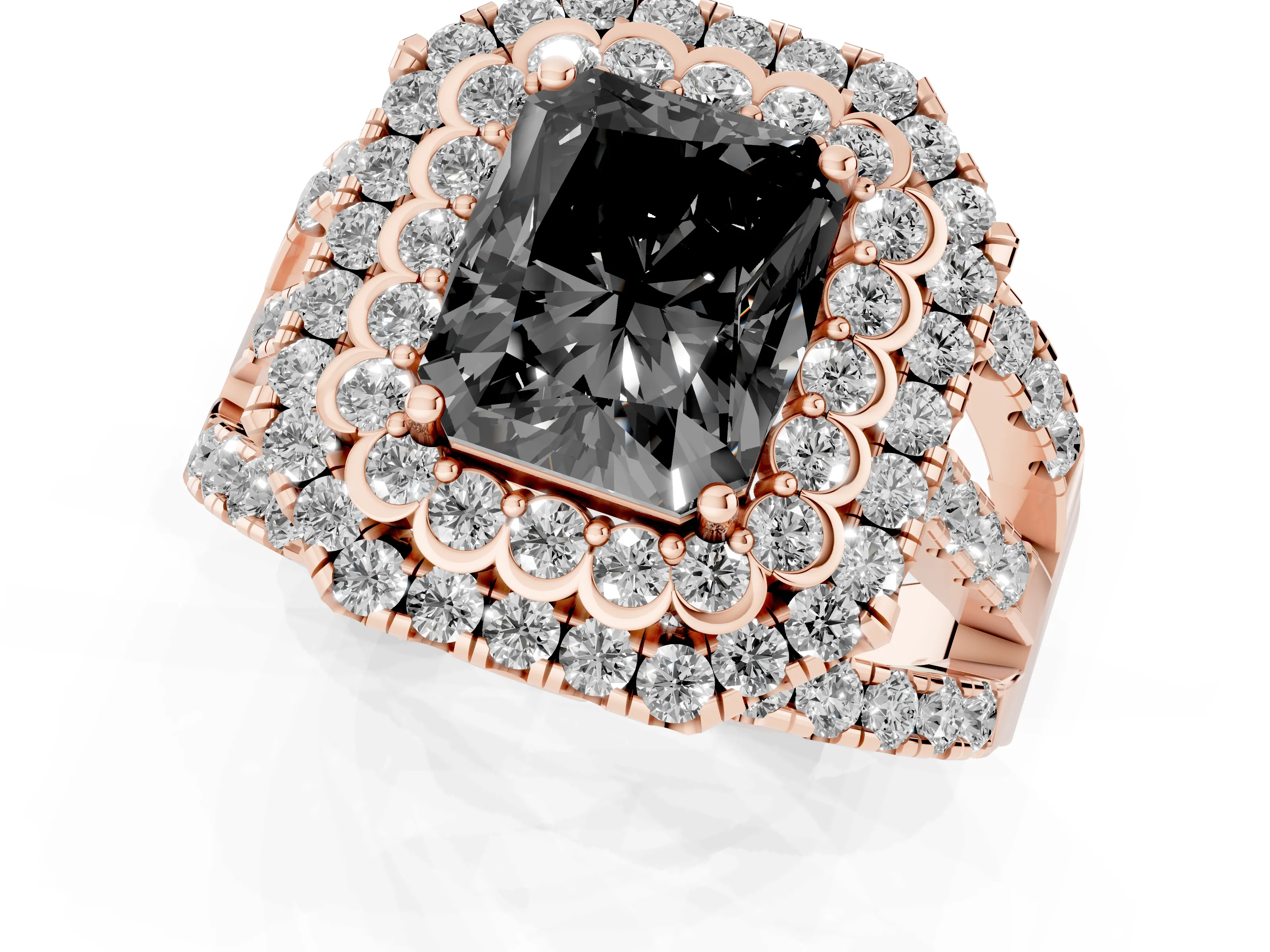 Fancy Black Radiant Cut Diamond Double Halo Ring Set in Rose gold with Round Pavé Split Shank