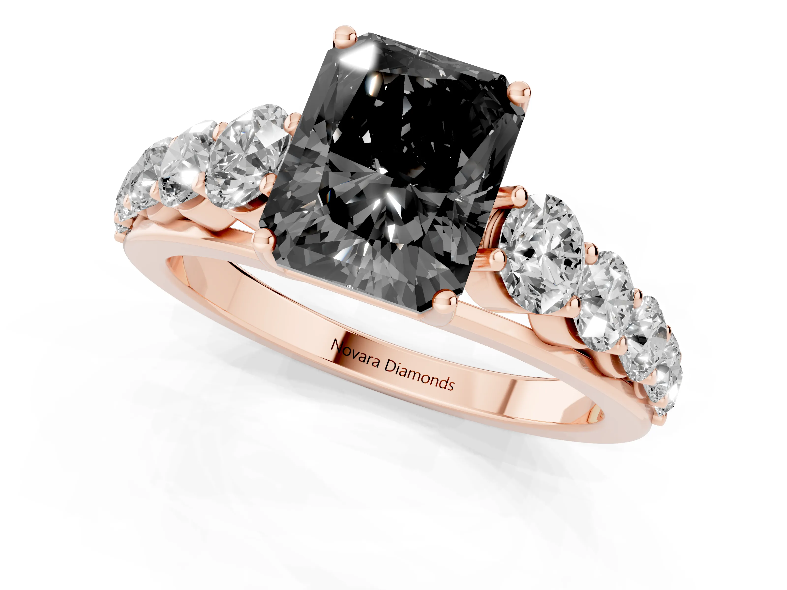Fancy Black Radiant Cut Diamond Solitaire Ring Set in Rose gold with Pavé-Set Band and Prong Setting
