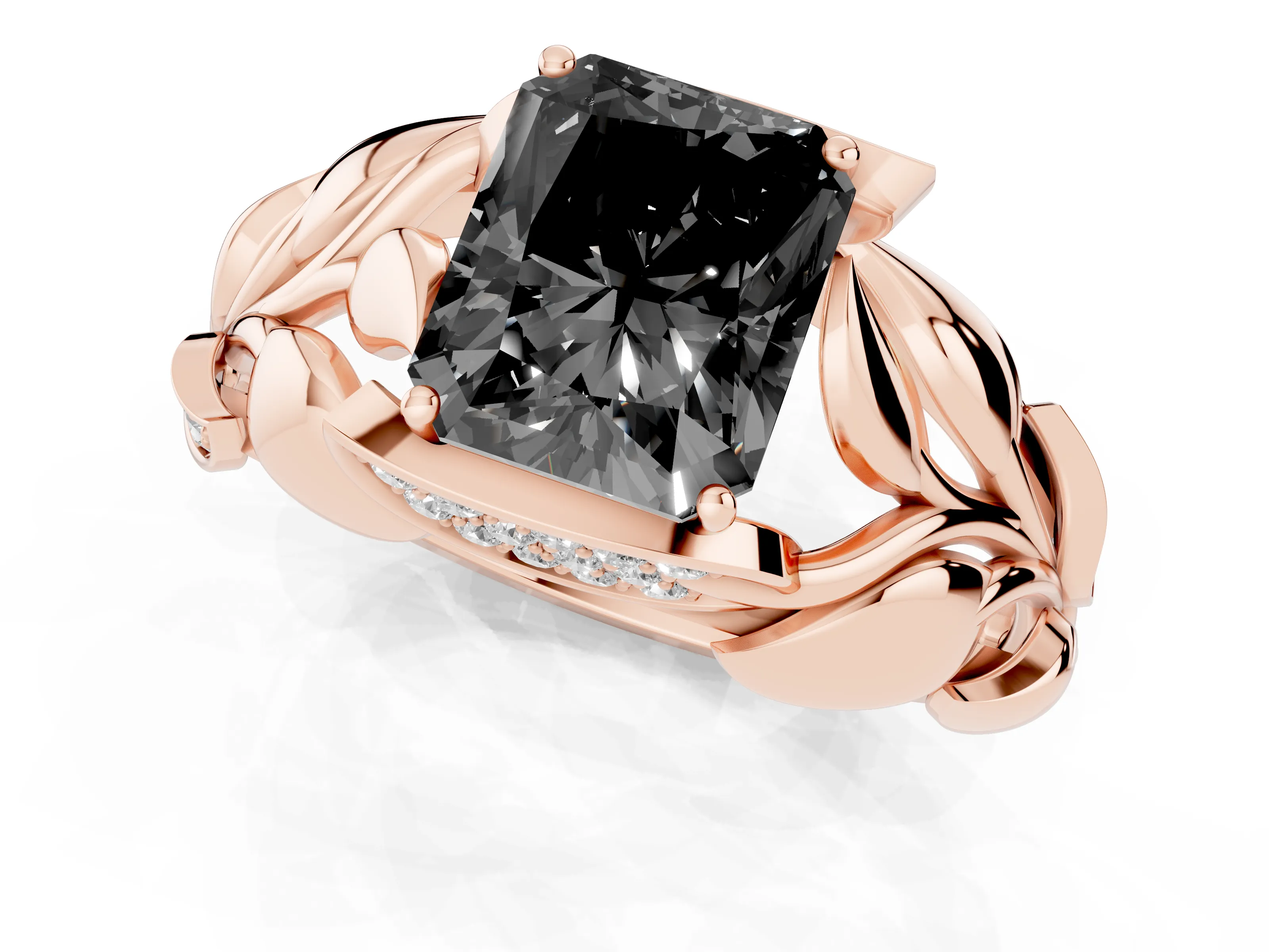 Fancy Black Radiant Cut Diamond Leaf-Inspired Engagement Ring Set in Rose gold with Round Accents
