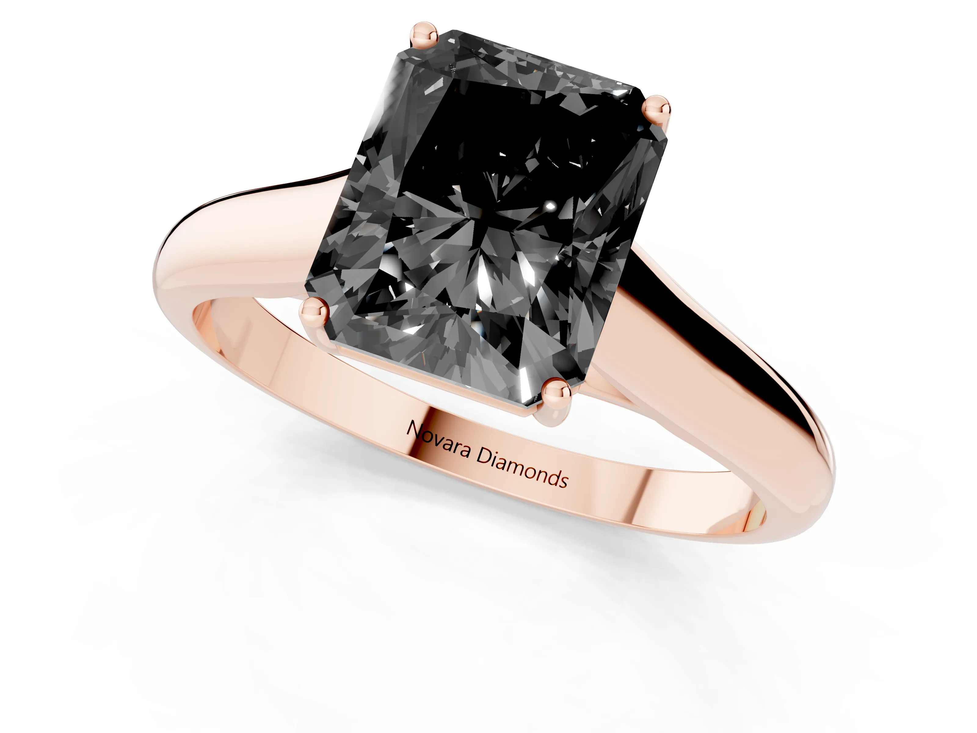 Fancy Black Radiant Cut Diamond Solitaire Engagement Ring Set in Rose gold with Subtly Tapered Band and Prong Setting