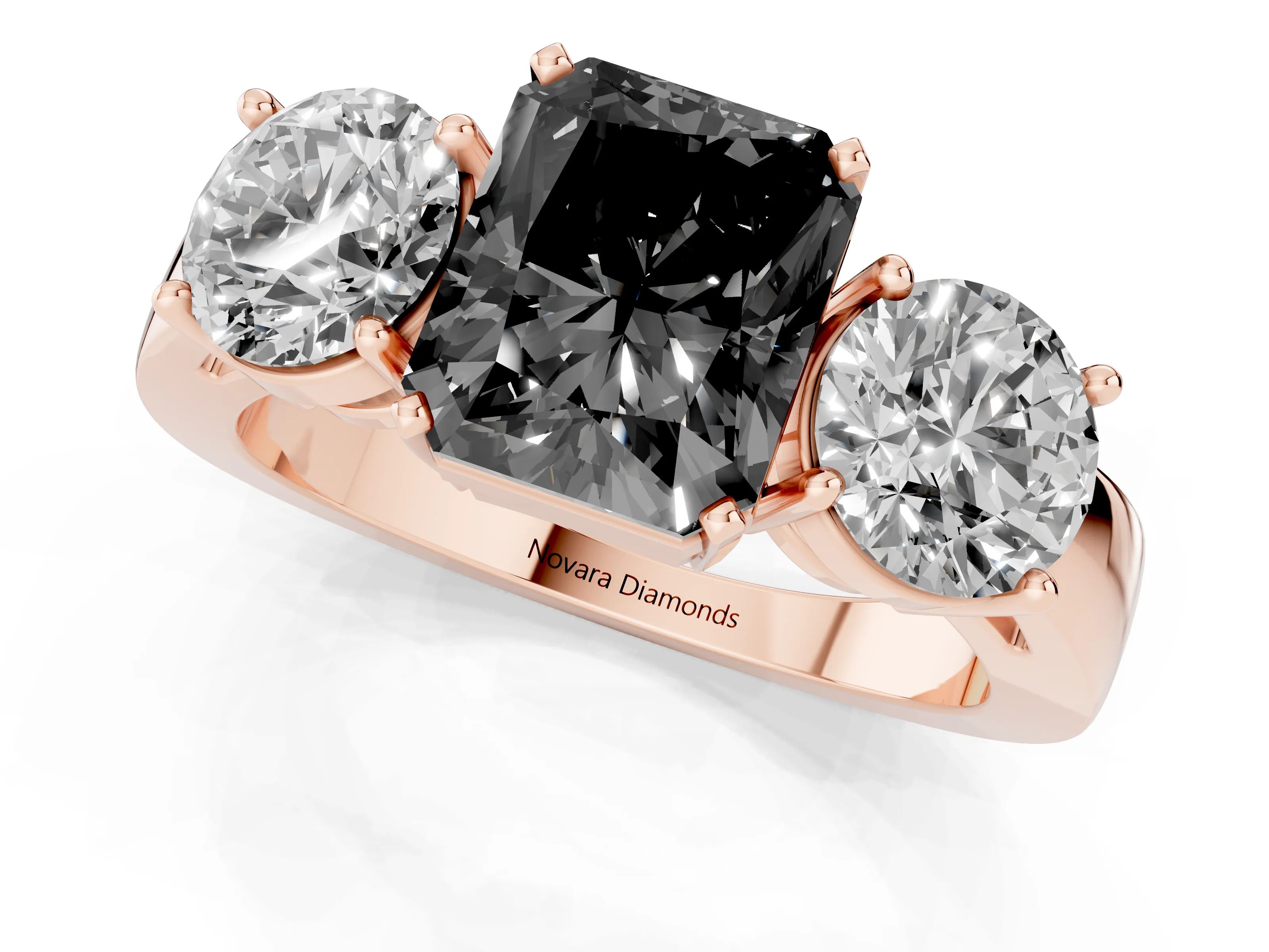 Fancy Black Radiant Cut Diamond Three-Stone Ring Set in Rose gold with Round Side Stones and Classic Band