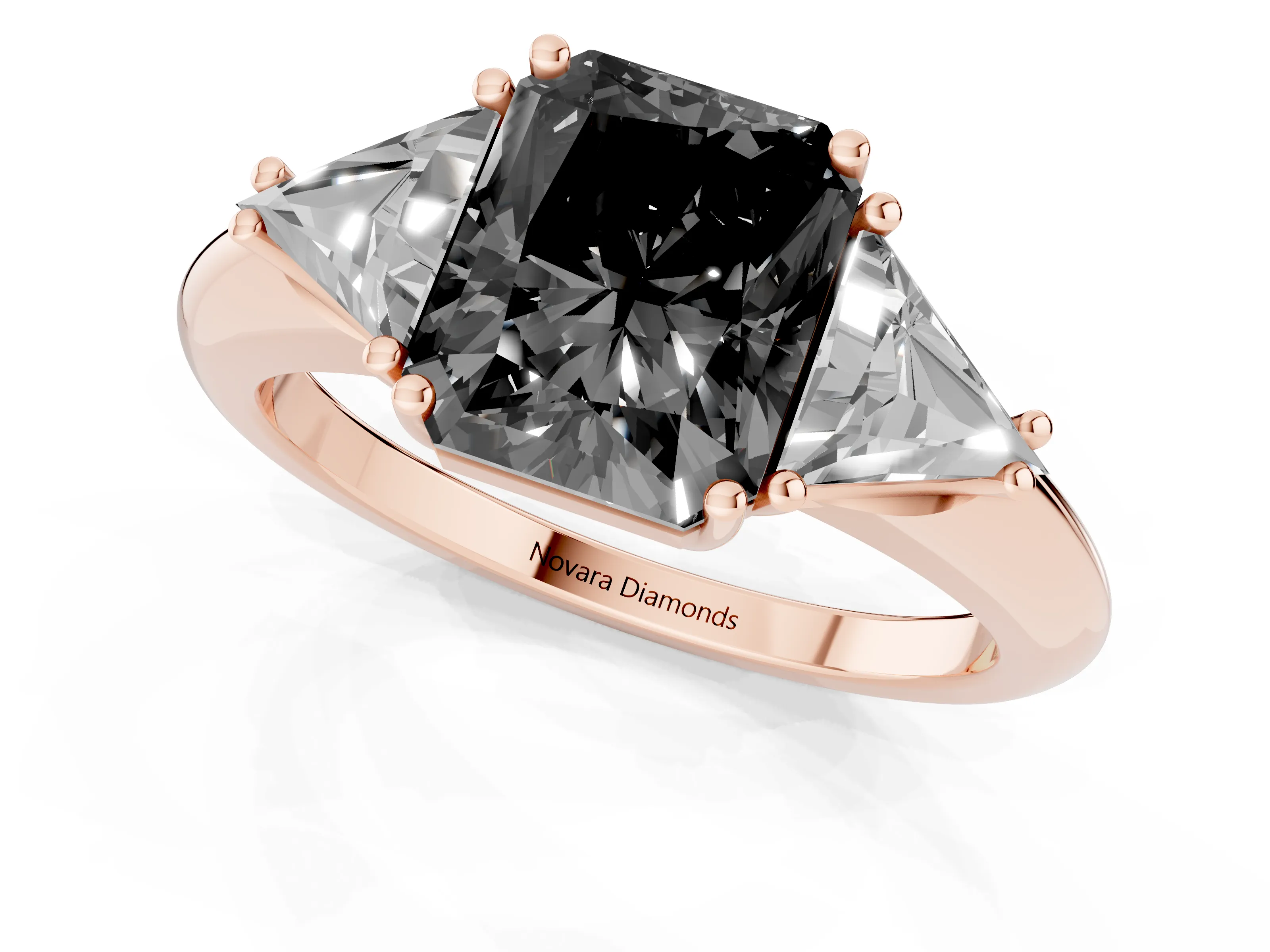 Fancy Black Radiant Cut Diamond Three-Stone Engagement Ring Set in Rose gold with Trillion Side Stones