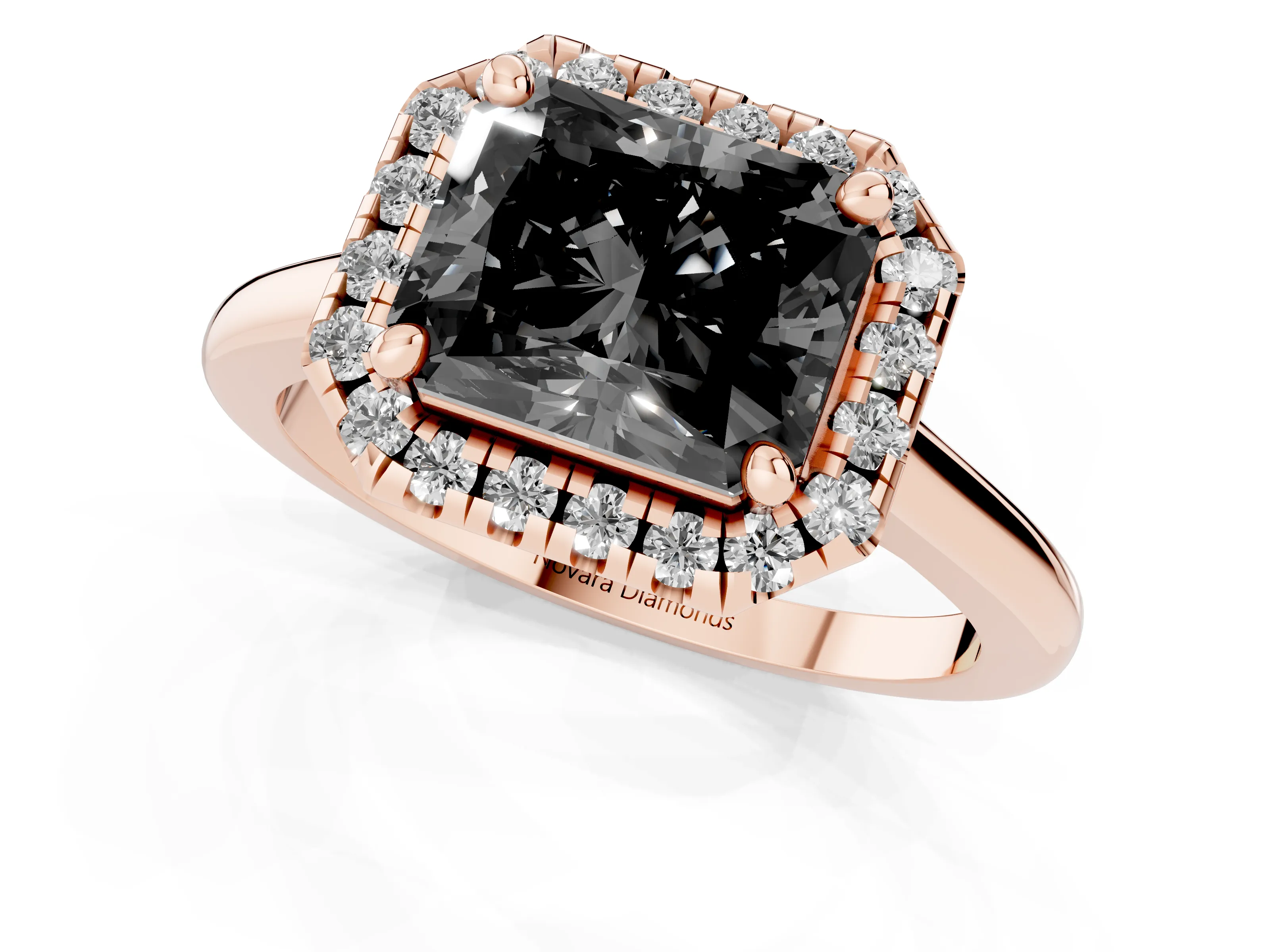 Fancy Black Radiant Cut Diamond Halo Engagement Ring Set in Rose gold with Pavé Band and Rising Shoulders