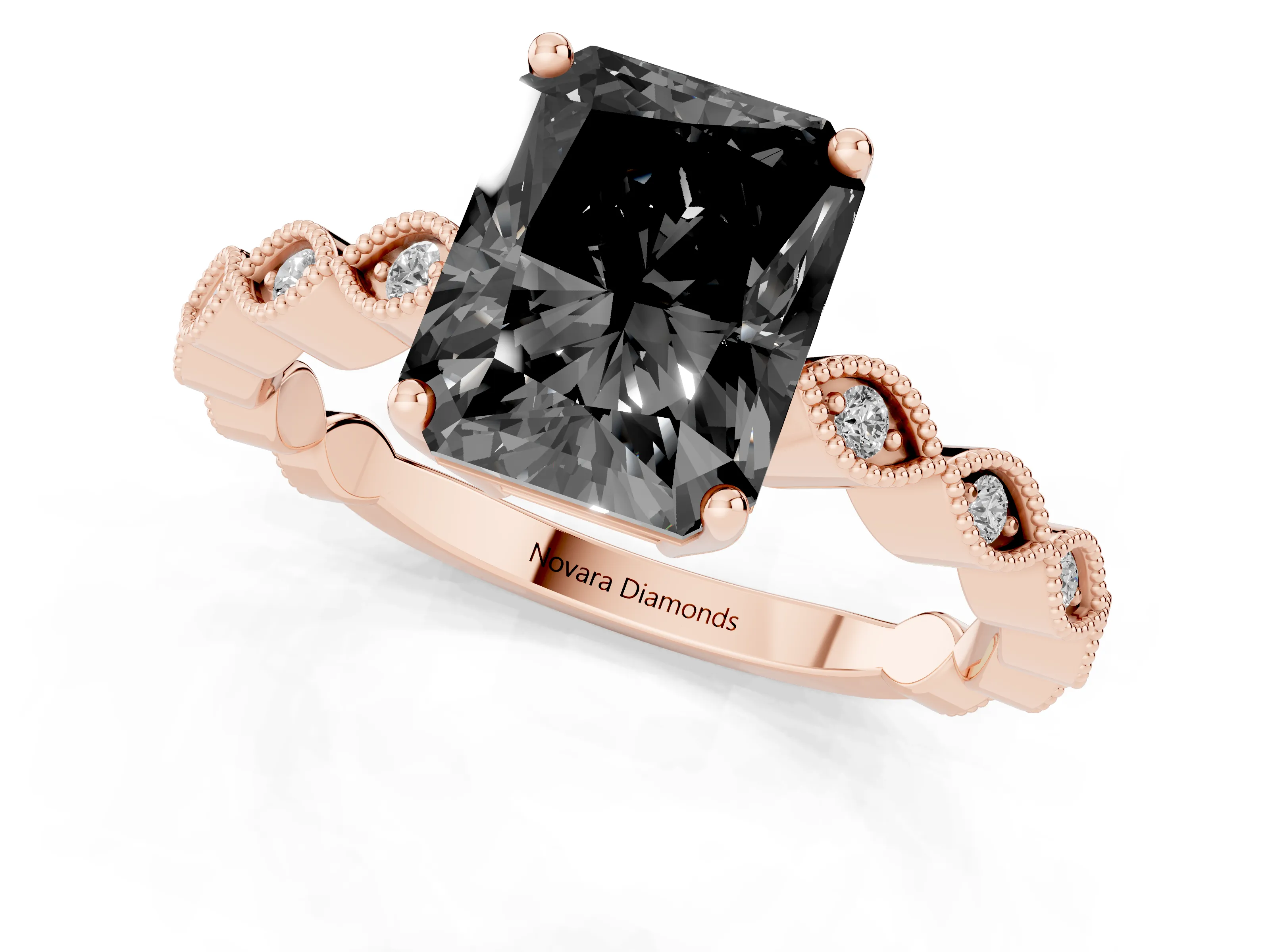 Fancy Black Radiant Cut Diamond Solitaire Ring Set in Rose gold with Infinity Twist Pavé Band