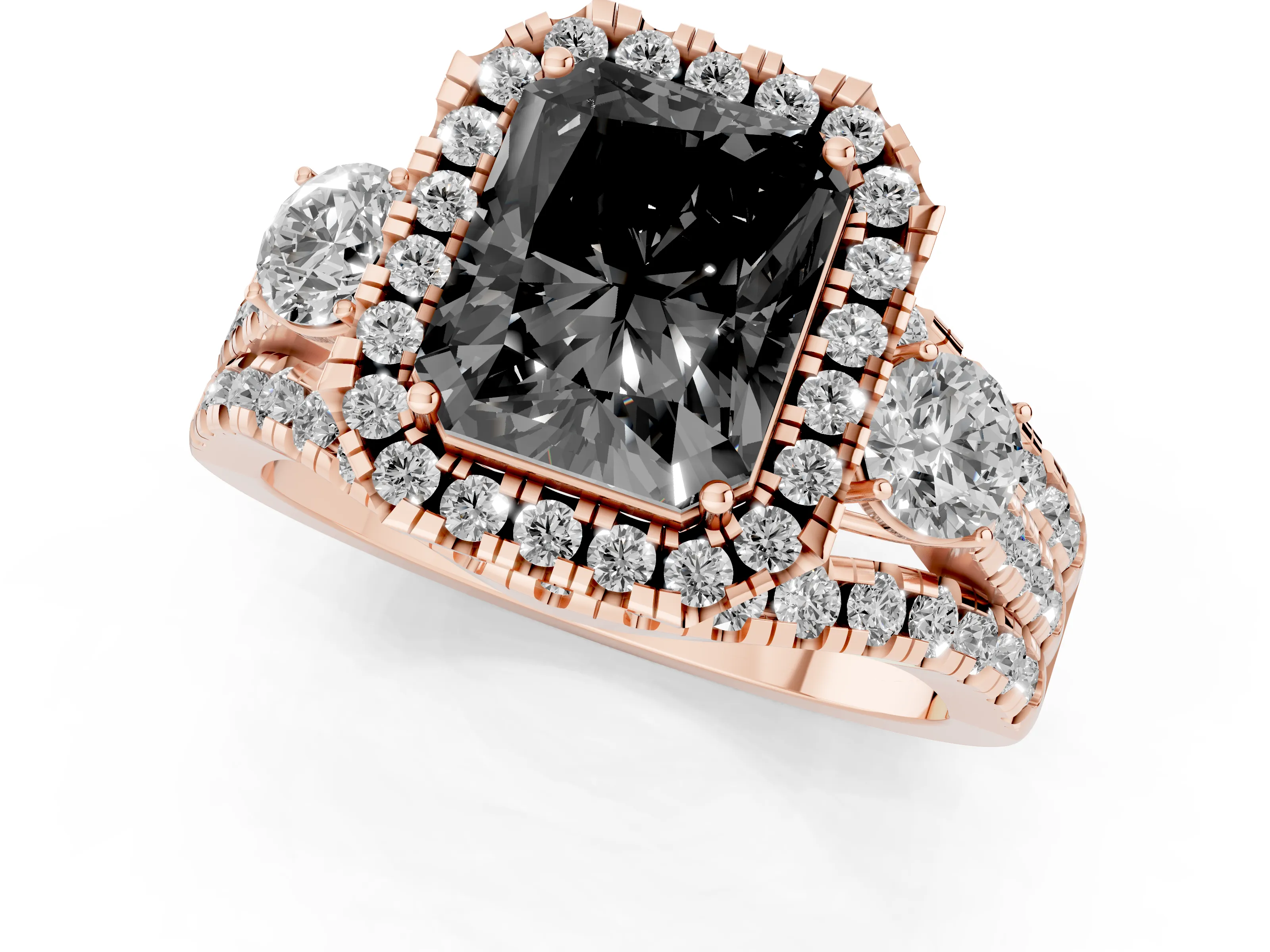 Fancy Black Radiant Cut Diamond Halo Split Shank Ring Set in Rose gold with Round Accent Stones and Prong Setting
