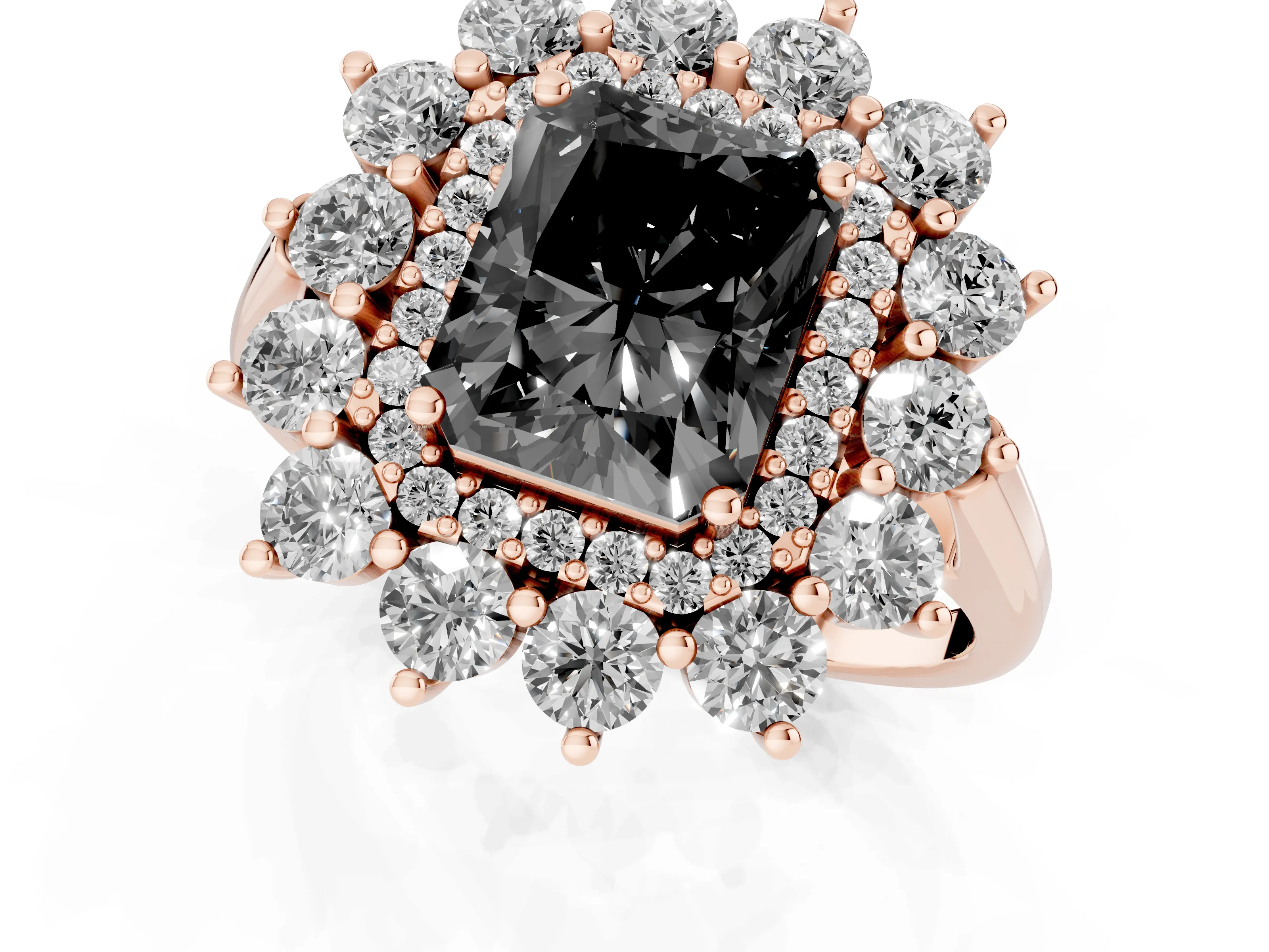 Fancy Black Radiant Cut Diamond Floral Double Halo Ring Set in Rose gold with Round Petals