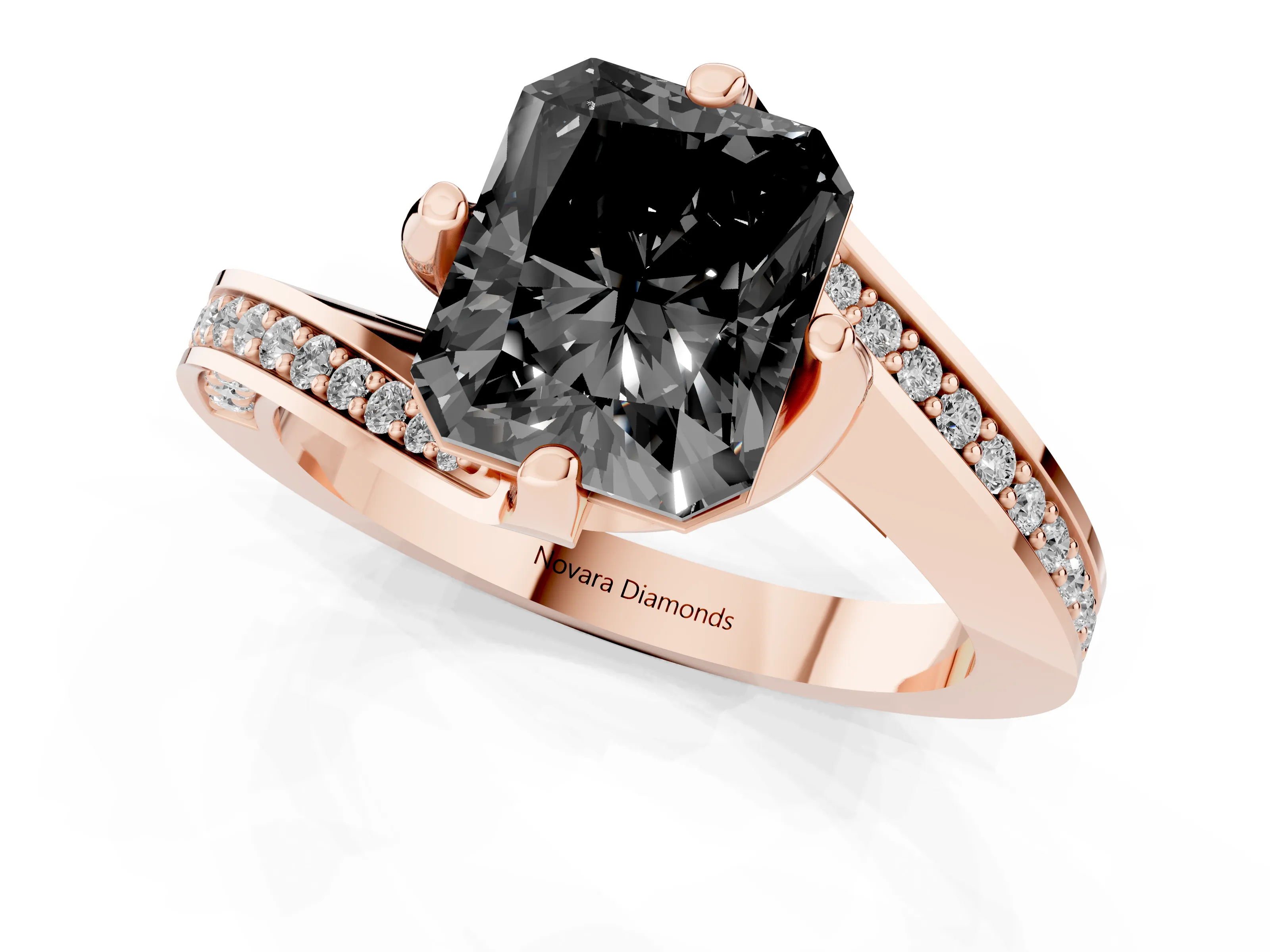 Fancy Black Radiant Cut Diamond Solitaire Ring Set in Rose gold with Intertwined Pavé Twist Band