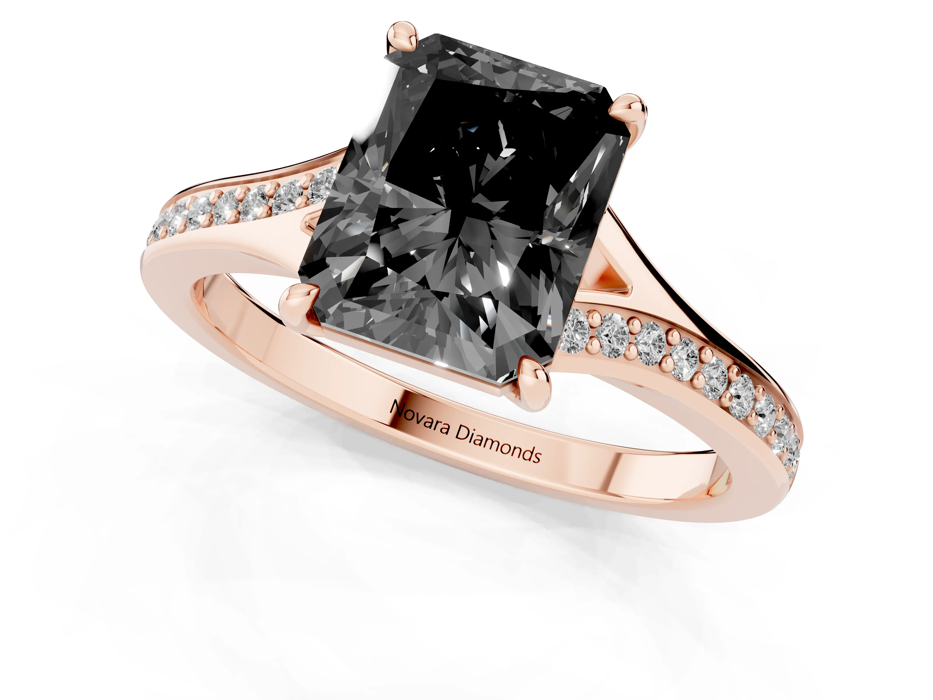 Fancy Black Radiant Cut Diamond Solitaire Ring Set in Rose gold with Pavé Accent Band and Classic Prong Setting